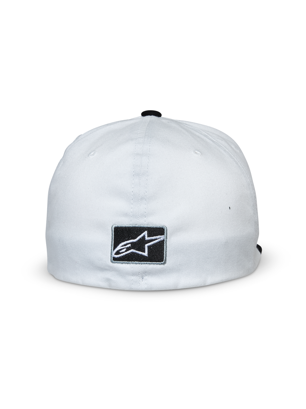 Alpinestars Franchise Kappe, Weiß und Schwarz, Rückansicht mit schwarzem rechteckigem Aufnäher und weißem Alpinestars Stern-Logo, Flex-Back-Design, lässige vom Motorsport inspirierte Kopfbedeckung