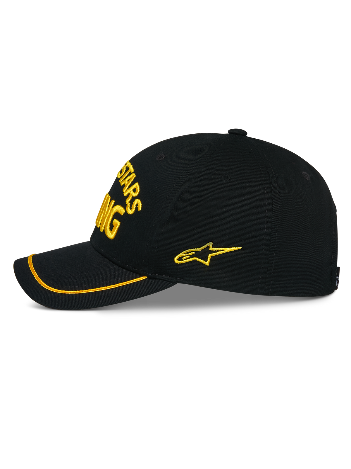 Alpinestars Luminary Cap, schwarze Snapback-Mütze in der Seitenansicht, gelbe 3D-Stickerei auf der Vorderseite und an der Seite, gebogener Schirm mit gelbem Sutache-Besatz, strukturierte Baumwoll-Twill-Konstruktion