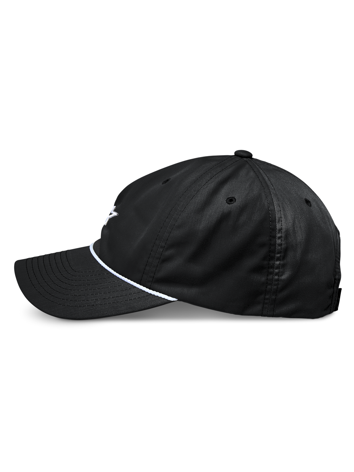 Alpinestars Tyler Hat, black snapback baseball cap, side profile view, featuring a curved bill and white braided rope trim, unstructured low crown, made from recycled twill, casual motorsport-inspired design