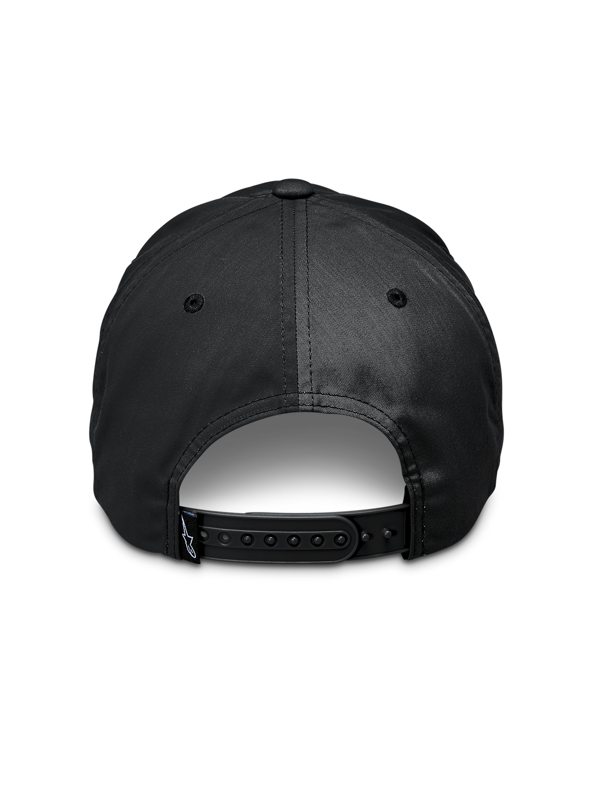 Alpinestars Tyler Hat, Black, back view showing adjustable snapback closure, small logo tag on strap, recycled polyester twill, casual sportswear accessory