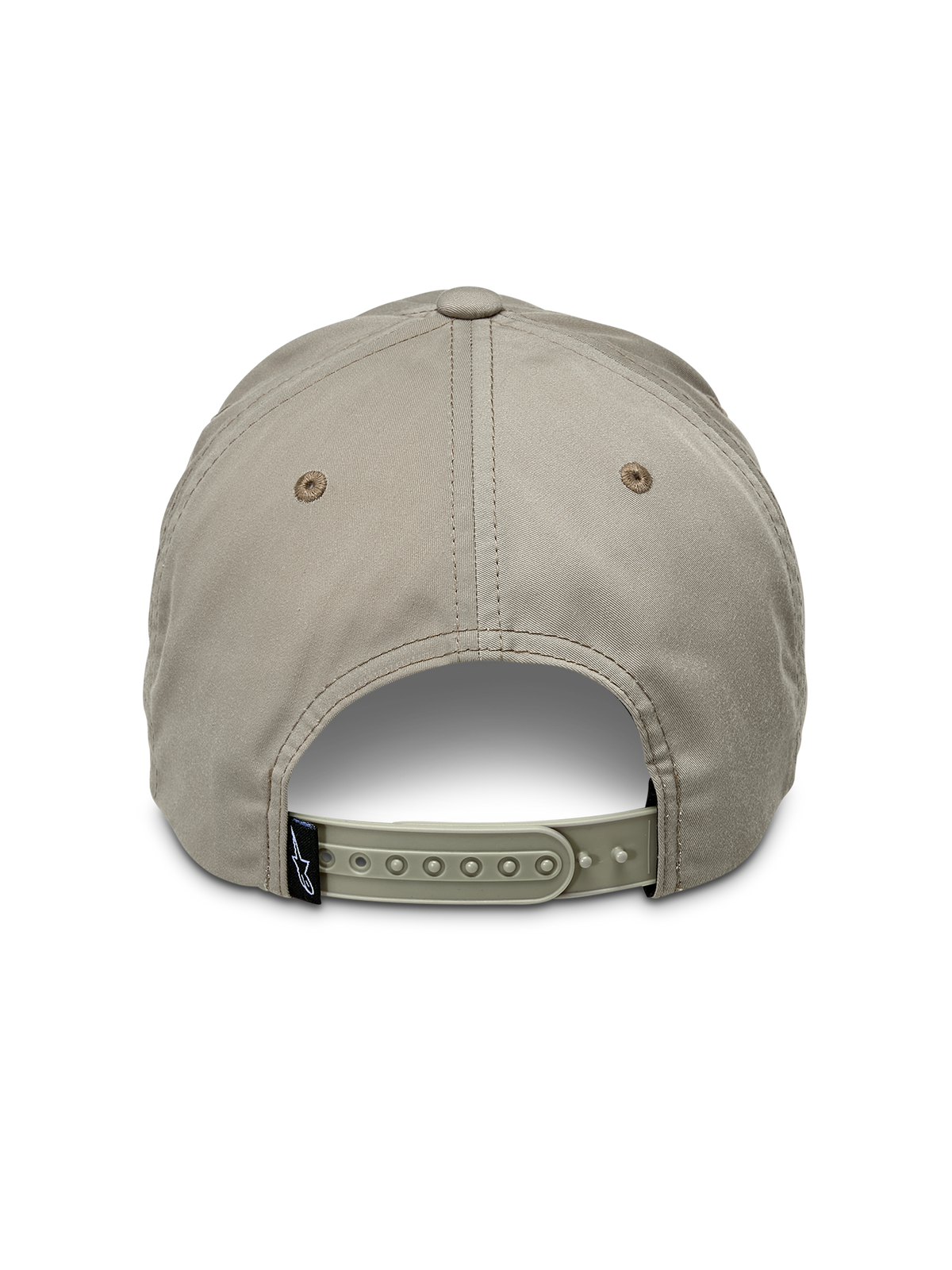 Alpinestars Tyler Mütze, Khaki, Rückansicht mit verstellbarem Snapback-Verschluss und kleinem schwarzen Markenetikett, unstrukturiertes Design mit niedriger Krone aus recyceltem Twill-Gewebe, lässige Sportmütze