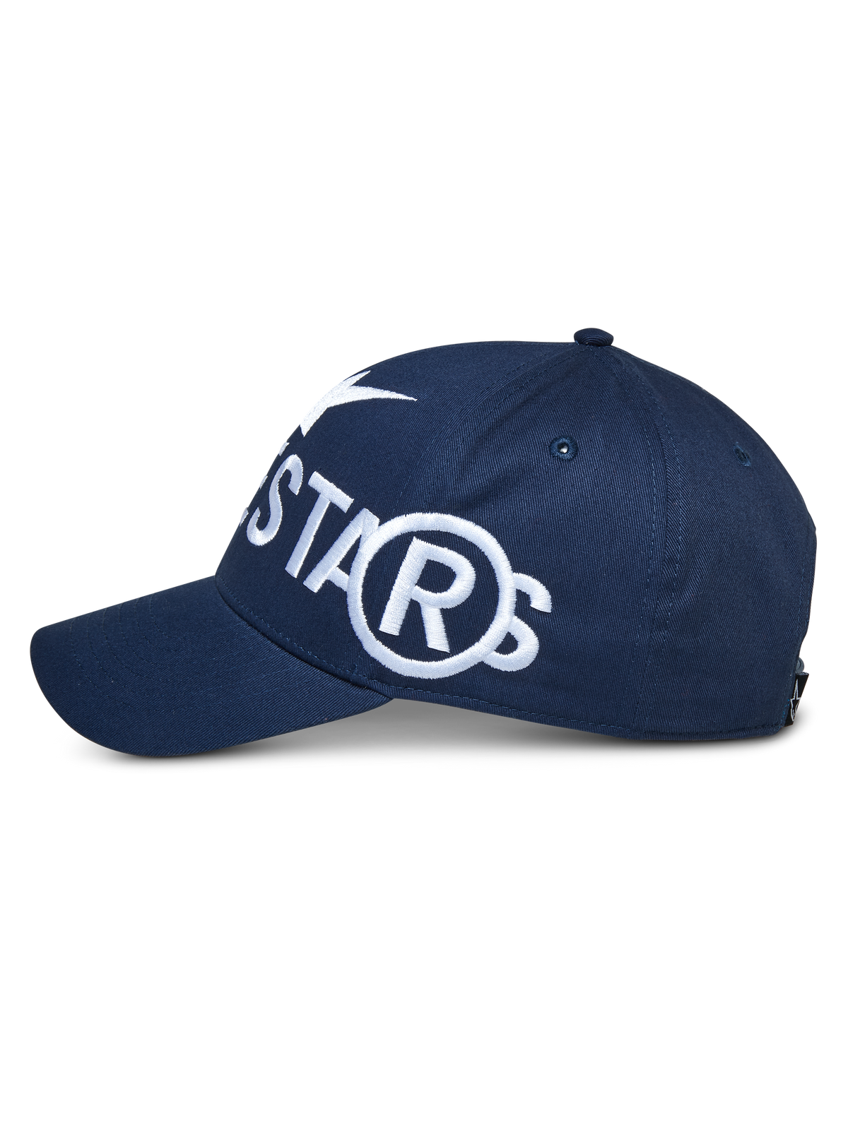 Alpinestars Committed Kappe, marineblaue Snapback, Seitenansicht mit großem weißem Sticklogo, gebogener Schirm und strukturierte Krone, legere Sportbekleidung
