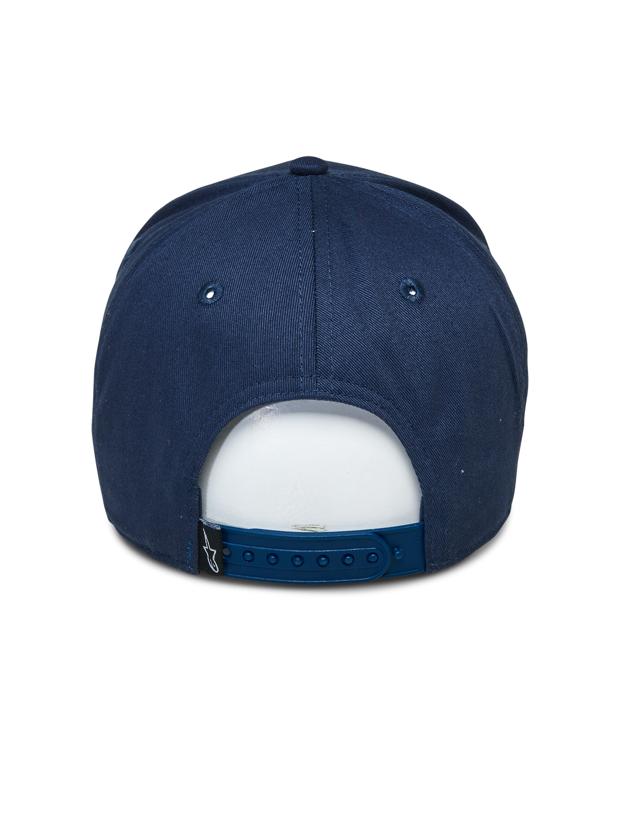 Alpinestars Committed Hat, Navy Blue, Snapback Baseball Cap, Rear View, featuring adjustable plastic closure and small black logo tag, casual motorsport-inspired headwear