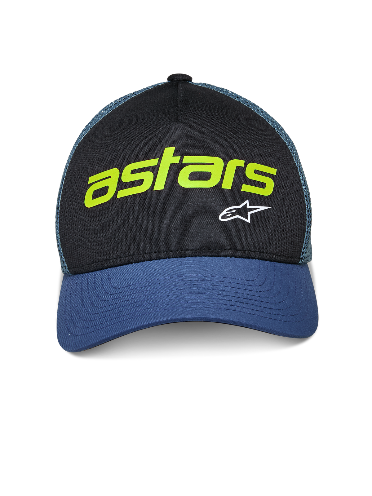 Alpinestars Vital Trucker Mütze, Freizeit-Trucker-Cap, Schwarz und Blau mit grünem Mesh-Rücken, lindgrüner „astars“-Schriftzug und weißes A-Star-Logo, gebogener Schirm und strukturierte Krone