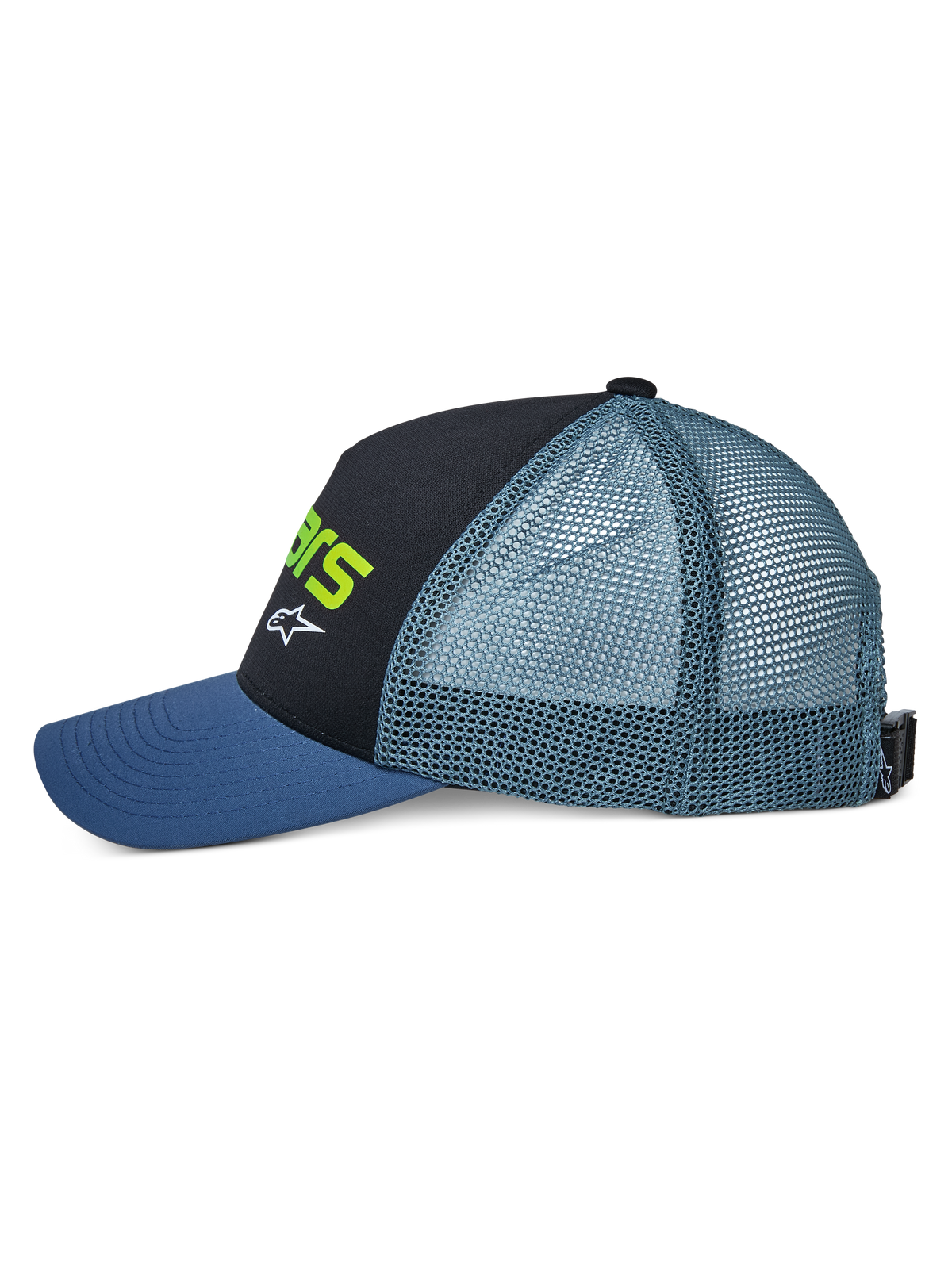 Alpinestars Vital Trucker Mütze, Seitenansicht, mit blauem gebogenem Schirm, schwarzer strukturierter Vorderseite mit neongrüner Schrift und weißem Logo, petrolfarbener Mesh-Rückseite und verstellbarem Schnallenverschluss, lässige Motorsport-Kopfbedeckung