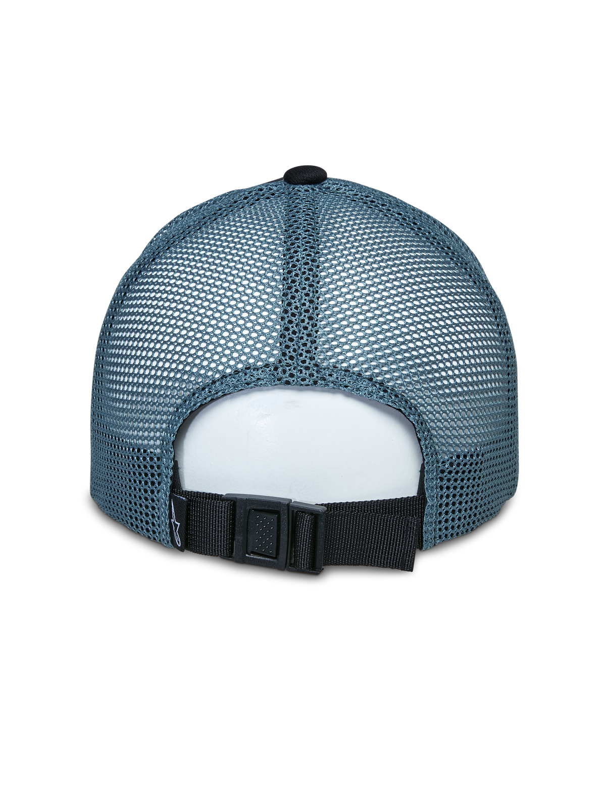 Alpinestars Vital Trucker Mütze, Rückansicht, blaue Mesh-Einsätze hinten, schwarzer verstellbarer Schnallenverschluss, strukturierte Krone, lässige Sportbekleidung
