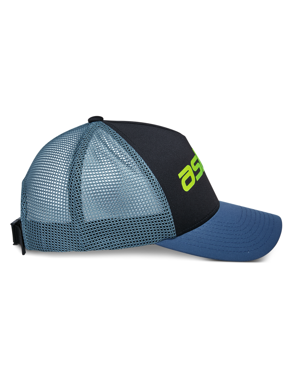 Alpinestars Vital Trucker Hat, Seitenansicht, schwarze Vorderseite mit blauem gebogenem Schirm und hellblauem Mesh-Rückteil, limettengrünes Logo-Detail, strukturierte Krone, lässige vom Motorsport inspirierte Kopfbedeckung
