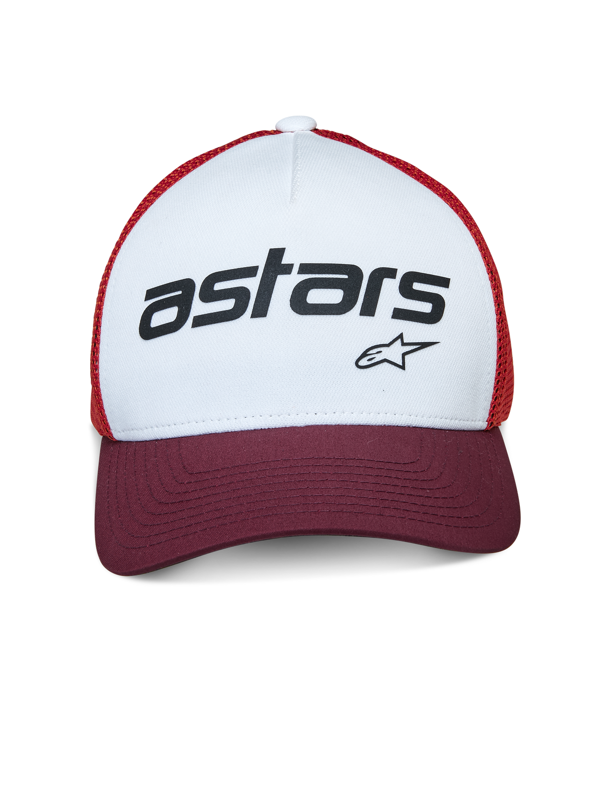 Alpinestars Vital Trucker-Mütze, Trucker-Cap, Weiß, Maroon und Orange, mit einer weißen Frontpartie und schwarzem „astars“-Branding, maroonfarbenem gebogenem Schirm und orangem Mesh-Gewebe, lässige vom Motorsport inspirierte Kopfbedeckung