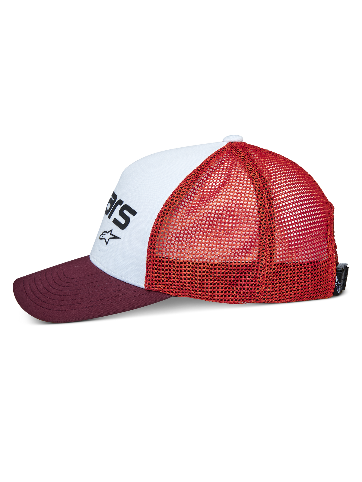 Alpinestars Vital Trucker-Mütze, Seitenansicht, weiße strukturierte Vorderseite mit schwarzem Logo, maronenbrauner gebogener Schirm, orangefarbene Mesh-Rückseite, lässige Sport-Kopfbedeckung