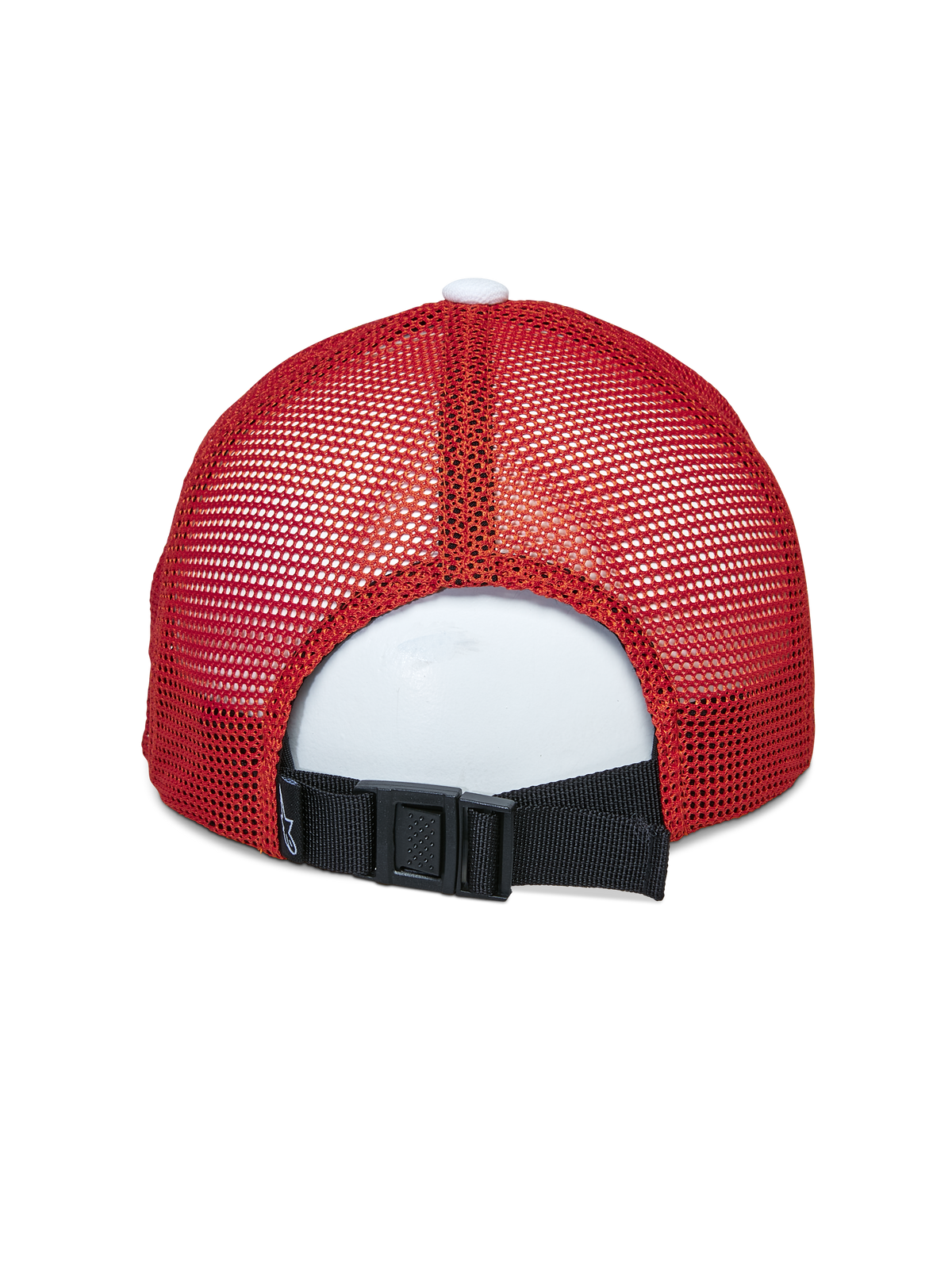 Alpinestars Vital Trucker-Mütze, Rückansicht, Weiß Maroon Orange, mit roten Mesh-Einsätzen und schwarzem verstellbarem Schnallenverschluss, sportliche Kopfbedeckung