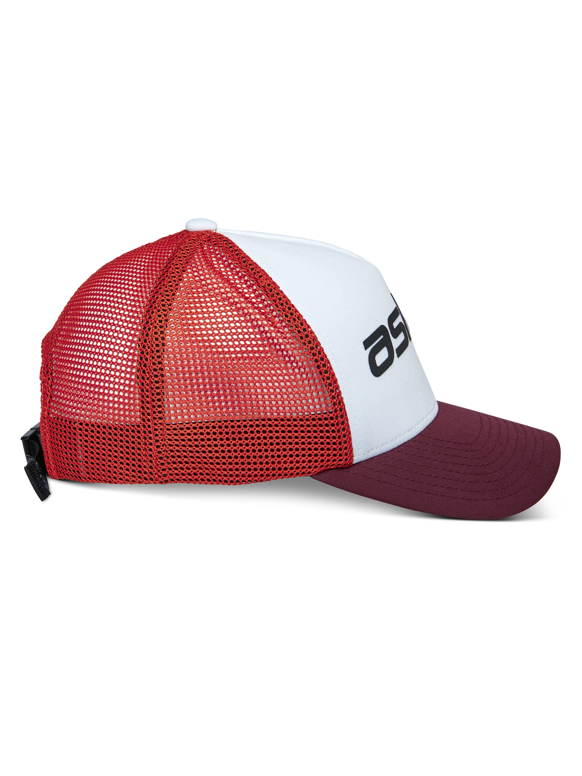 Alpinestars Vital Trucker Hat, lässige Trucker-Cap, Weiß, Maroon und Orange, Seitenansicht mit gebogenem Schirm und Mesh-Rückseite, verstellbarer Schnallenverschluss, strukturierte Krone mit schwarzem Logo