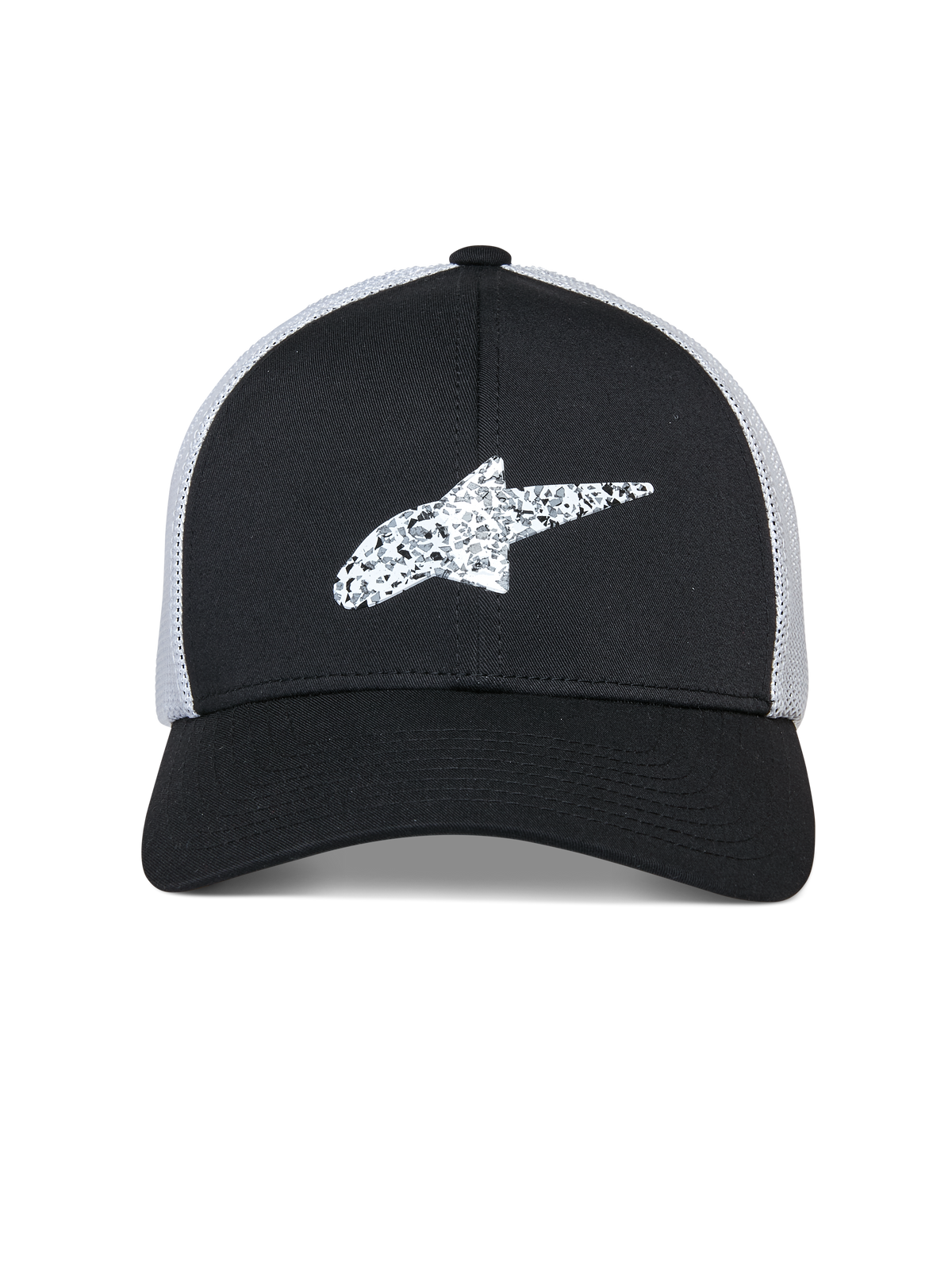 Alpinestars Terolithic Trucker Mütze, Sportswear-Mütze, Schwarz mit weißer Mesh-Rückseite, texturiertes weißes Alpinestars Stern-Logo auf der Vorderseite, gebogener Schirm und strukturierte niedrige Krone