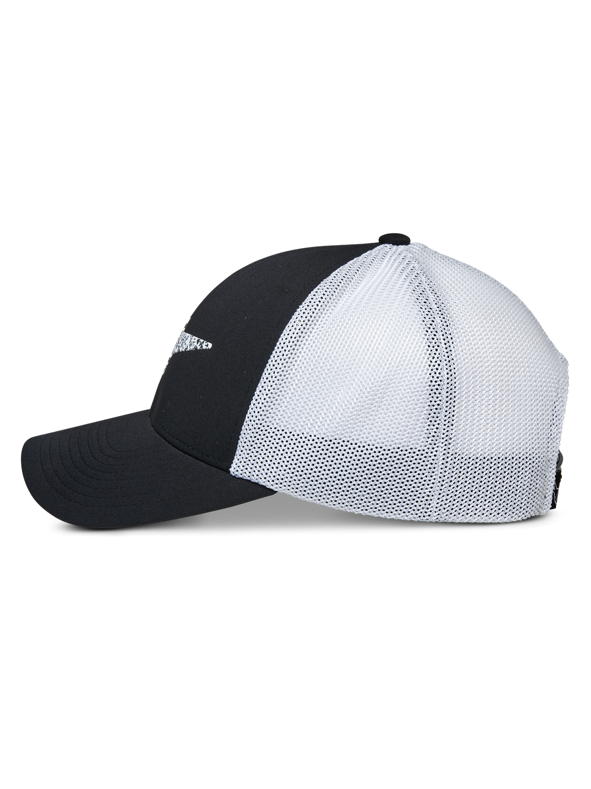 Alpinestars Terolithic Trucker Mütze, Seitenansicht, schwarze Frontpaneele und gebogener Schirm mit weißem Mesh-Rückteil, lässige Sportswear Snapback-Cap