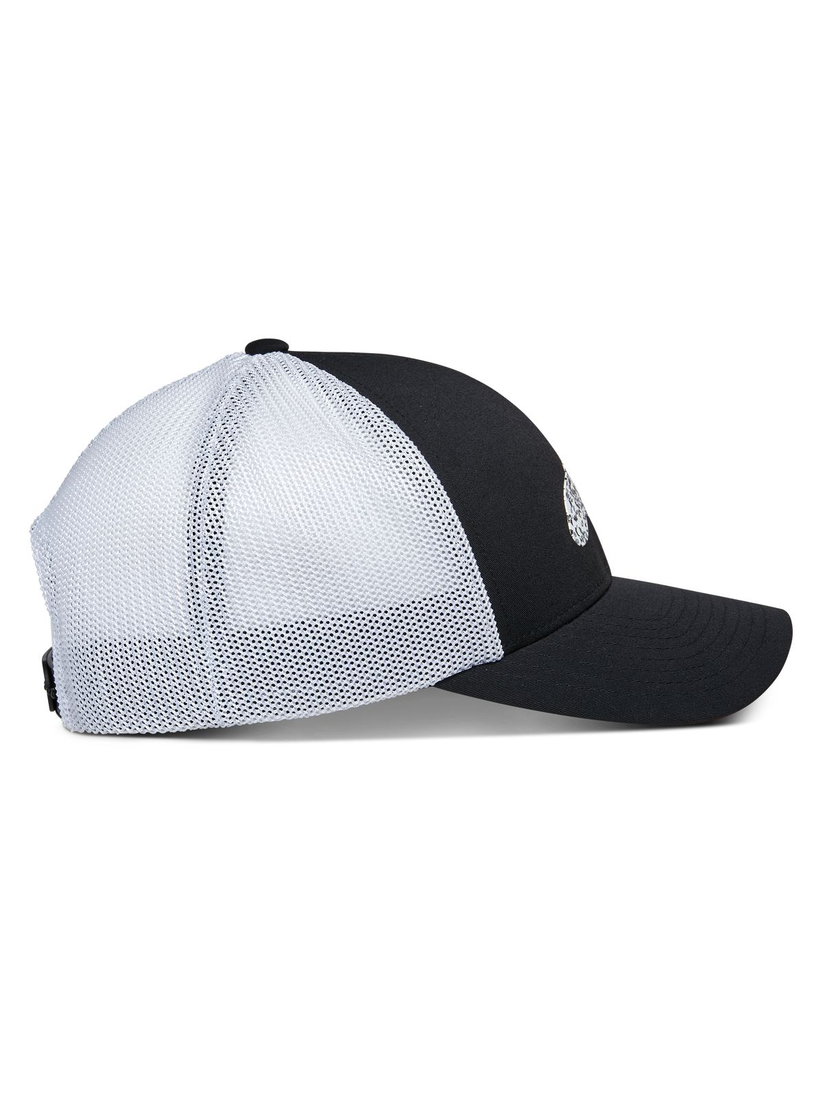 Alpinestars Terolithic Trucker Hat, Seitenansicht, schwarzes Frontpanel mit gebogenem Schirm, weiße Mesh-Einsätze hinten, strukturierte niedrige Krone, Kopfbedeckung im klassischen Trucker-Stil