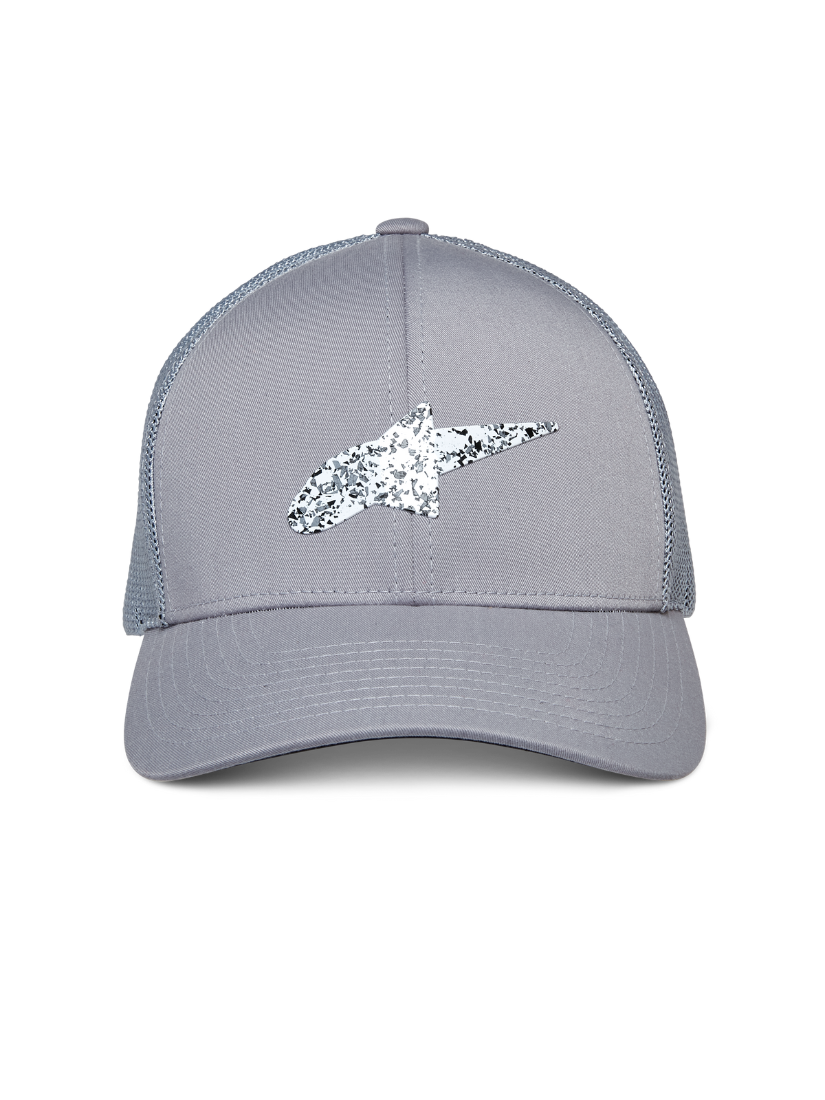 Alpinestars Terolithic Trucker Hat, Gray, featuring a speckled black and white Astar logo, curved bill and mesh back, casual motorsport-inspired headwear