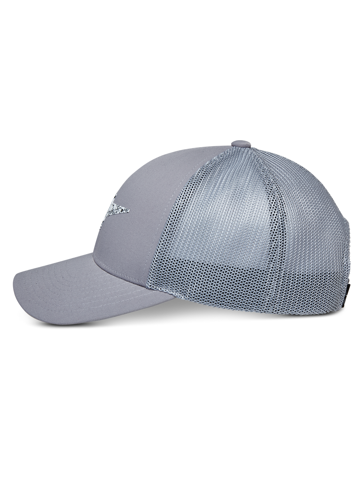 Alpinestars Terolithic Trucker Hat, Gray, Trucker Hat with mesh back and curved bill, side profile view, structured low crown with front logo detail, casual motorsport-inspired headwear