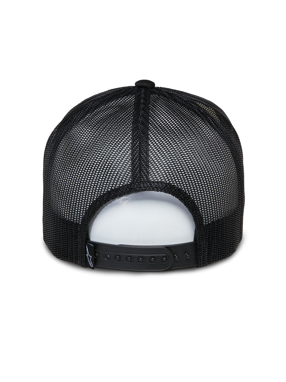 Alpinestars Ayess Trucker-Mütze, Freizeit-Sportmütze, Weiß und Schwarz, Rückansicht mit schwarzen atmungsaktiven Mesh-Einsätzen und verstellbarem Snapback-Verschluss, klassisches Trucker-Design mit Schaumstoffkrone