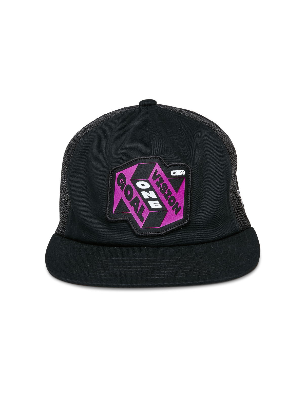 Alpinestars That Way Trucker Hat, schwarze Trucker-Kappe, lila-schwarzer Grafik-Patch mit „One Vision One Goal“-Schriftzug, flacher Schirm, strukturierte Krone und Mesh-Rückseite, lässige vom Motorsport inspirierte Kopfbedeckung