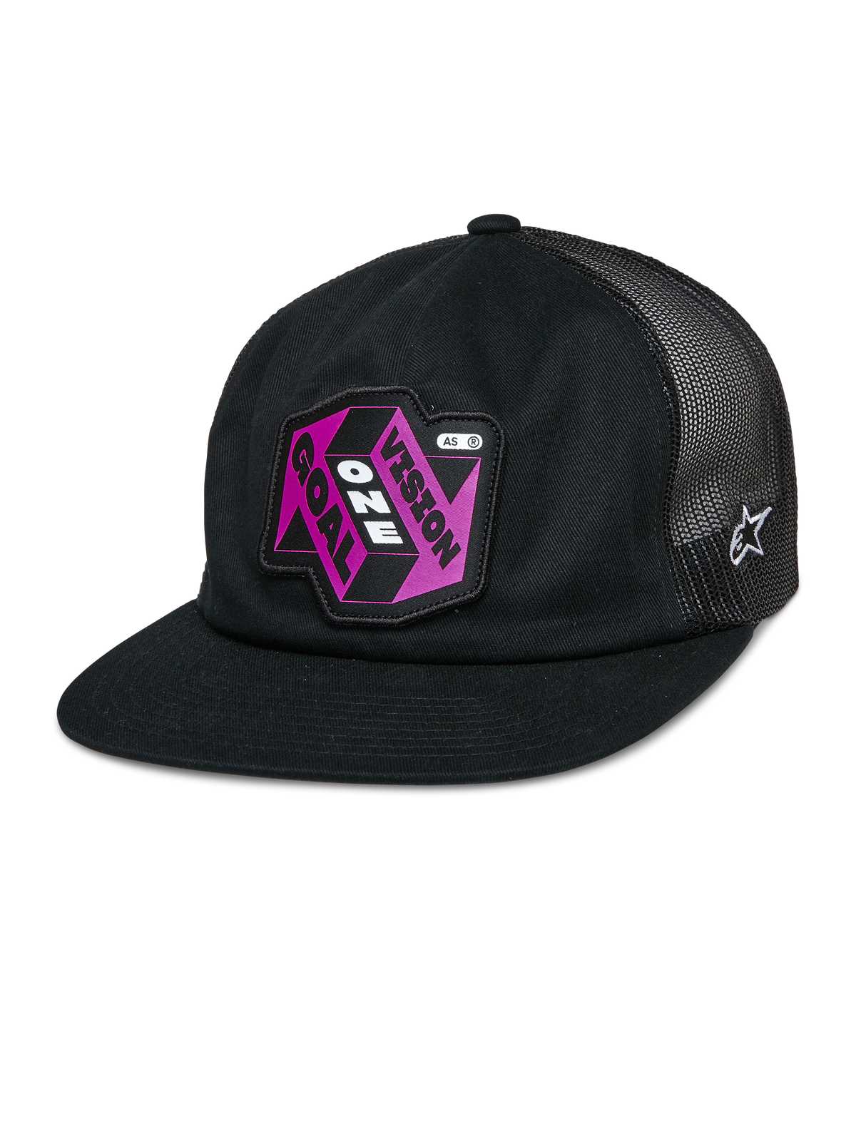 Alpinestars That Way Trucker Hat, schwarze Snapback-Kappe mit Mesh-Rückseite, flacher Schirm, rosa und lila „Vision One Goal“ Patch, weißes Alpinestars Stern-Logo, Freizeit-Sportbekleidung