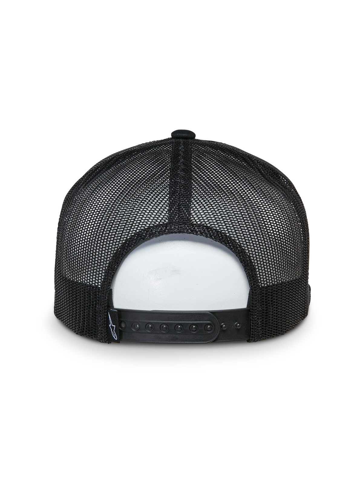 Alpinestars That Way Trucker-Mütze, Rückansicht, Schwarz, Mesh-Einsätze hinten mit verstellbarem Snapback-Verschluss, kleines gewebtes Logo-Etikett, lässige vom Motorsport inspirierte Kopfbedeckung