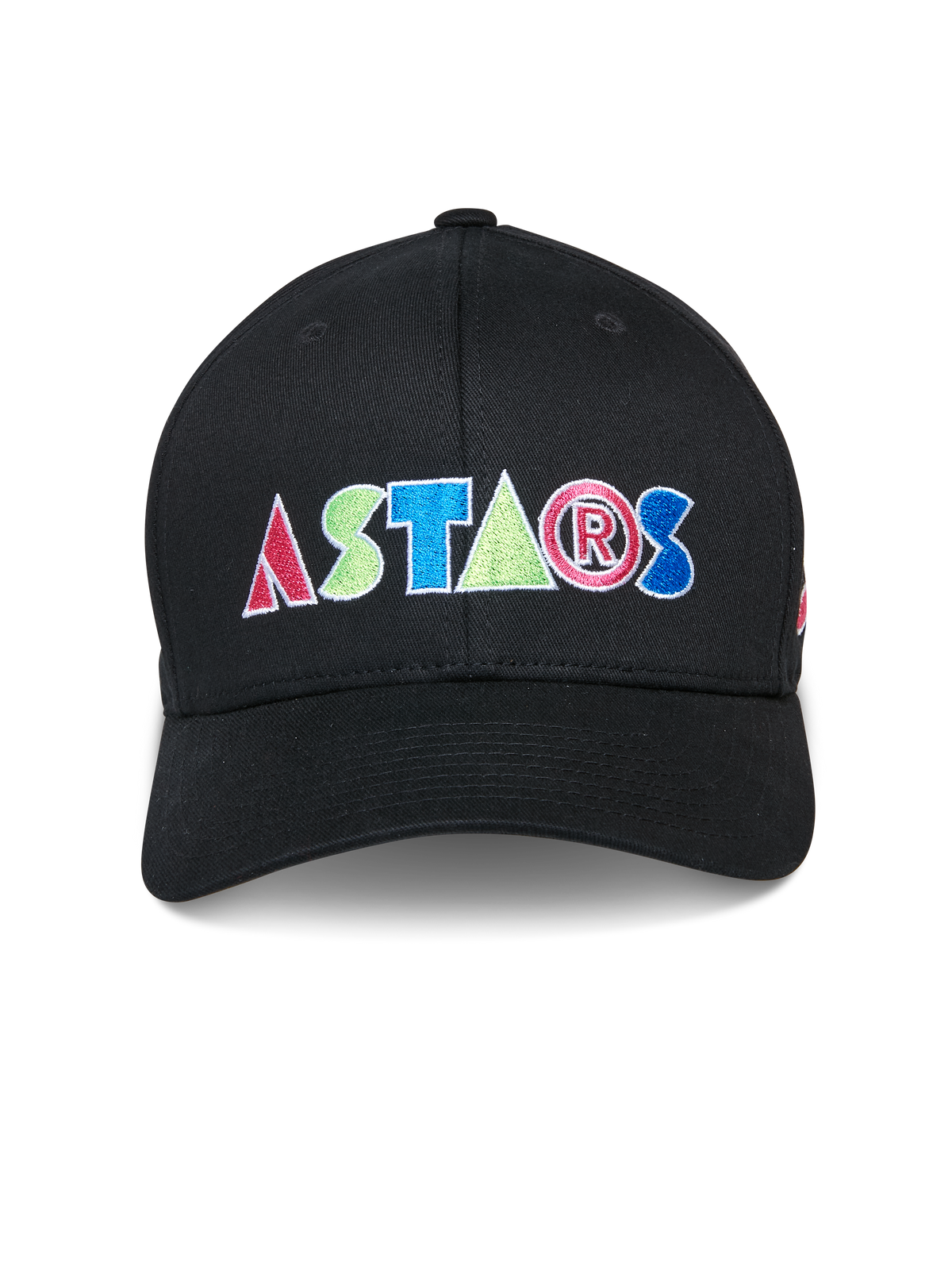 Alpinestars Cereal Hat, Black Baseball Cap, Colorful ASTARS Front Embroidery Logo, Structured Crown with Curved Bill, Casual Motorsport Sportswear