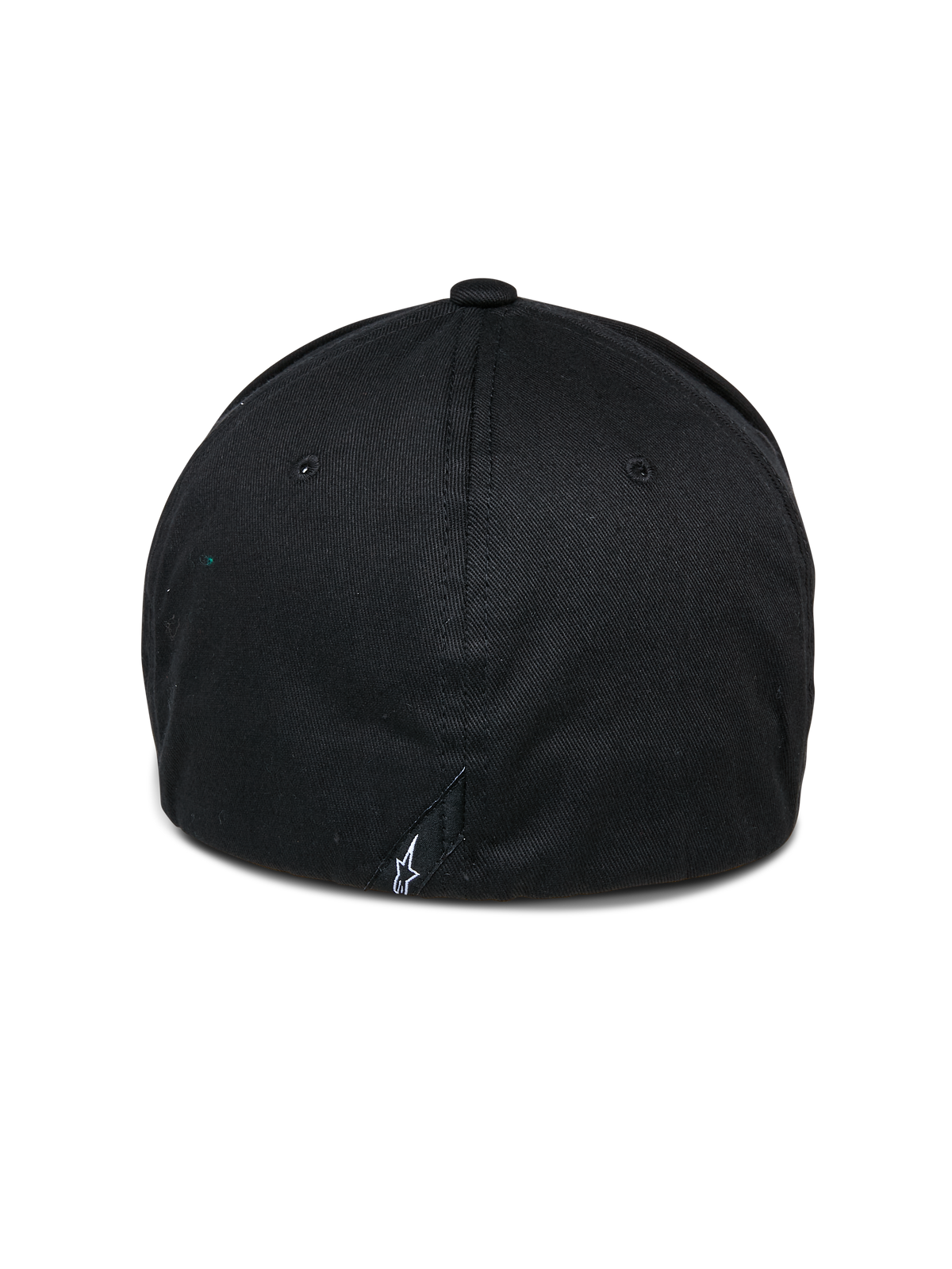 Alpinestars Cereal Hat, Black Baseball Cap, back view featuring flex back construction with a small white embroidered logo at the base, casual sportswear headwear