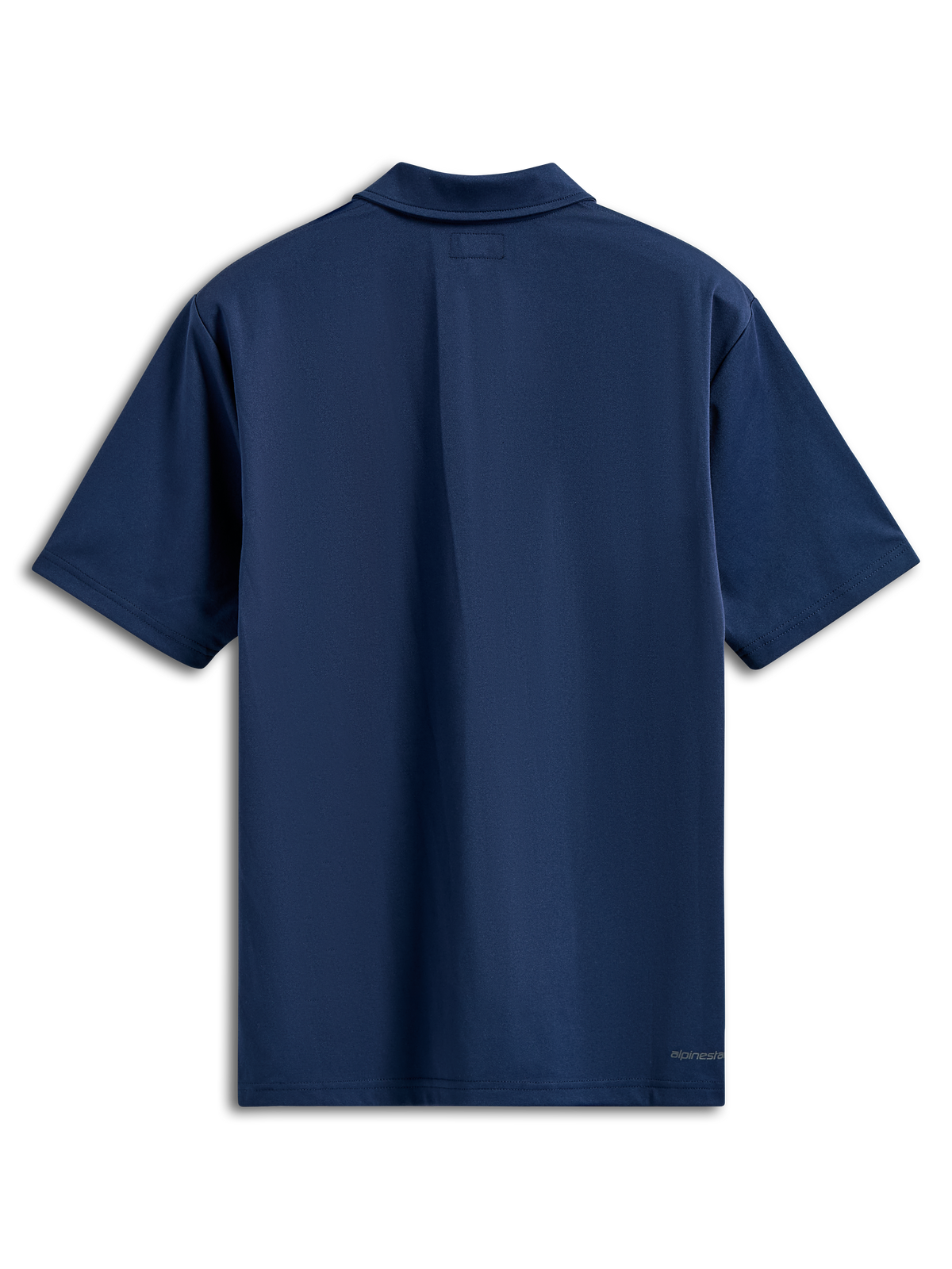 Alpinestars Impetus Sport Polo, Kurzarm-Poloshirt, Marineblau, Rückansicht mit Selbstkragen und kleinem Schriftzug-Logo am unteren rechten Saum, lässige Motorsport-Streetwear