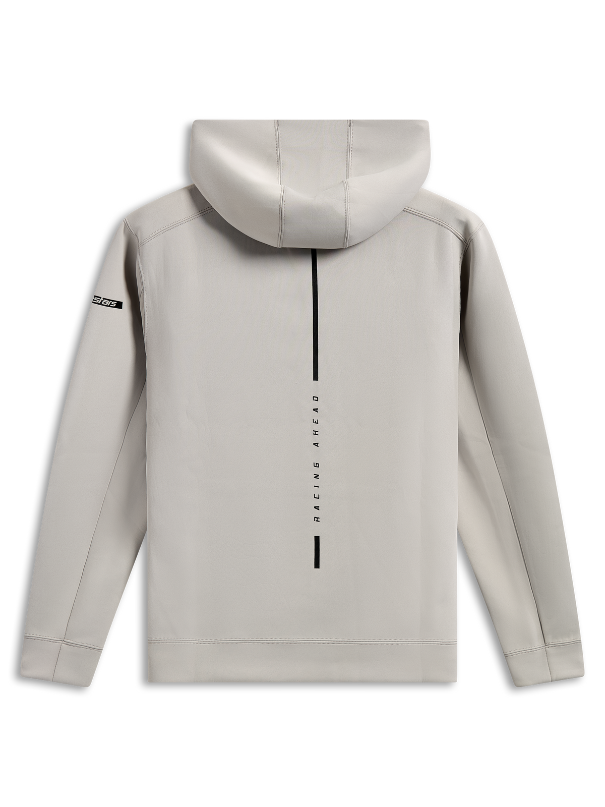 Alpinestars Insight Hoodie, Rückansicht des zementgrauen Kapuzenpullovers, vertikaler schwarzer Streifen mit „RACING AHEAD“-Schriftzug, kleines Astars-Ärmellogo, glattes Tri-Blend-Doppelfleece, lässige Motorsport-Streetwear