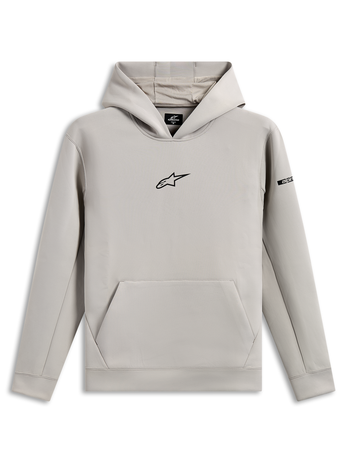 Alpinestars Insight Hoodie, lässige Sportbekleidung, Zementgrau mit schwarzem Astars-Logo auf der Brust, Kängurutasche, Kapuze mit Mesh-Futter, lange Ärmel, modernes, vom Motorsport inspiriertes Design