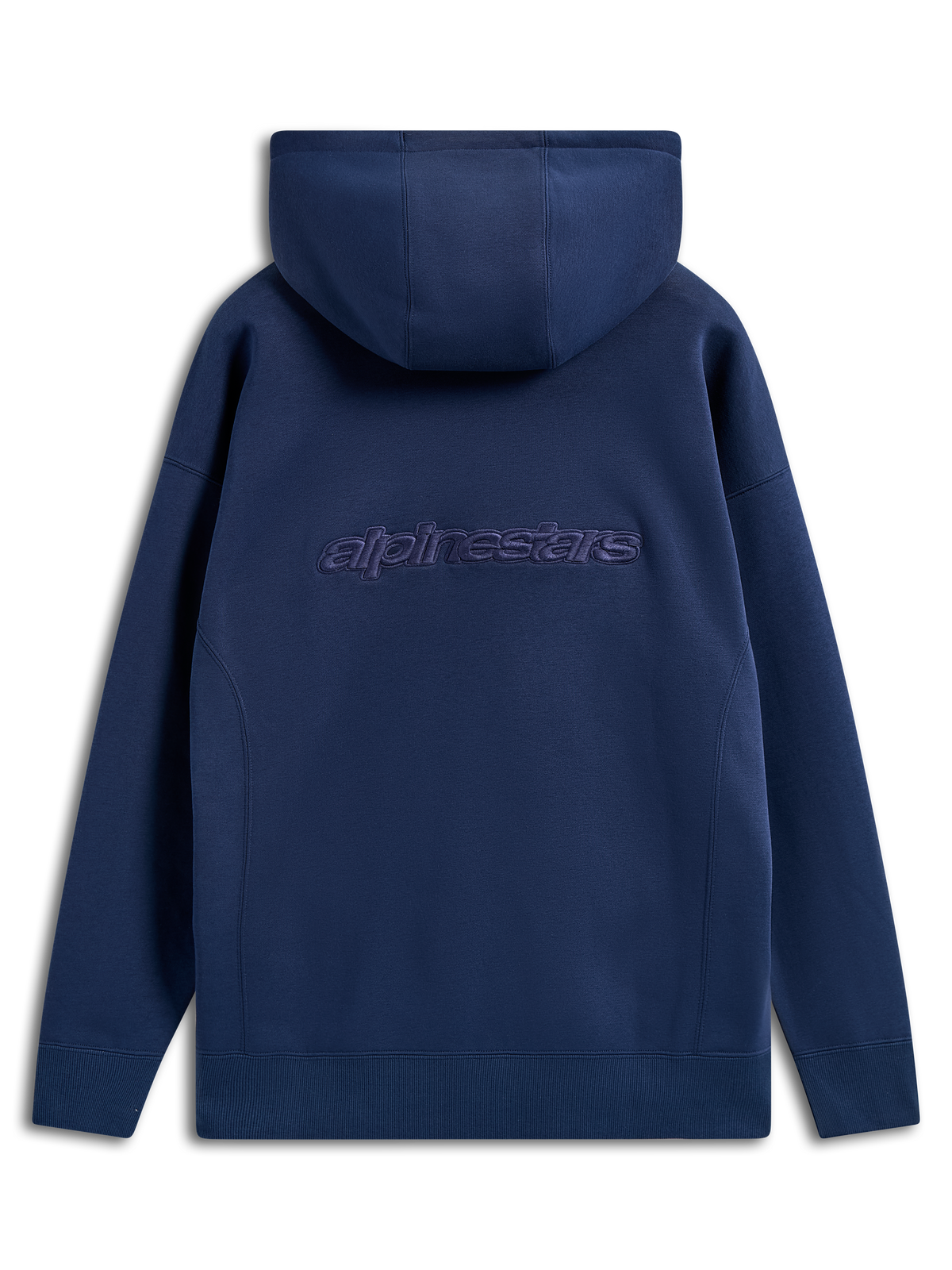 Alpinestars Emergent Oversized Hoodie, Marineblau, Rückansicht mit besticktem Alpinestars-Wortlogo, oversized geschnittener Fleece-Hoodie, lässige Streetwear mit Kapuze mit Kordelzug und Rippbündchen