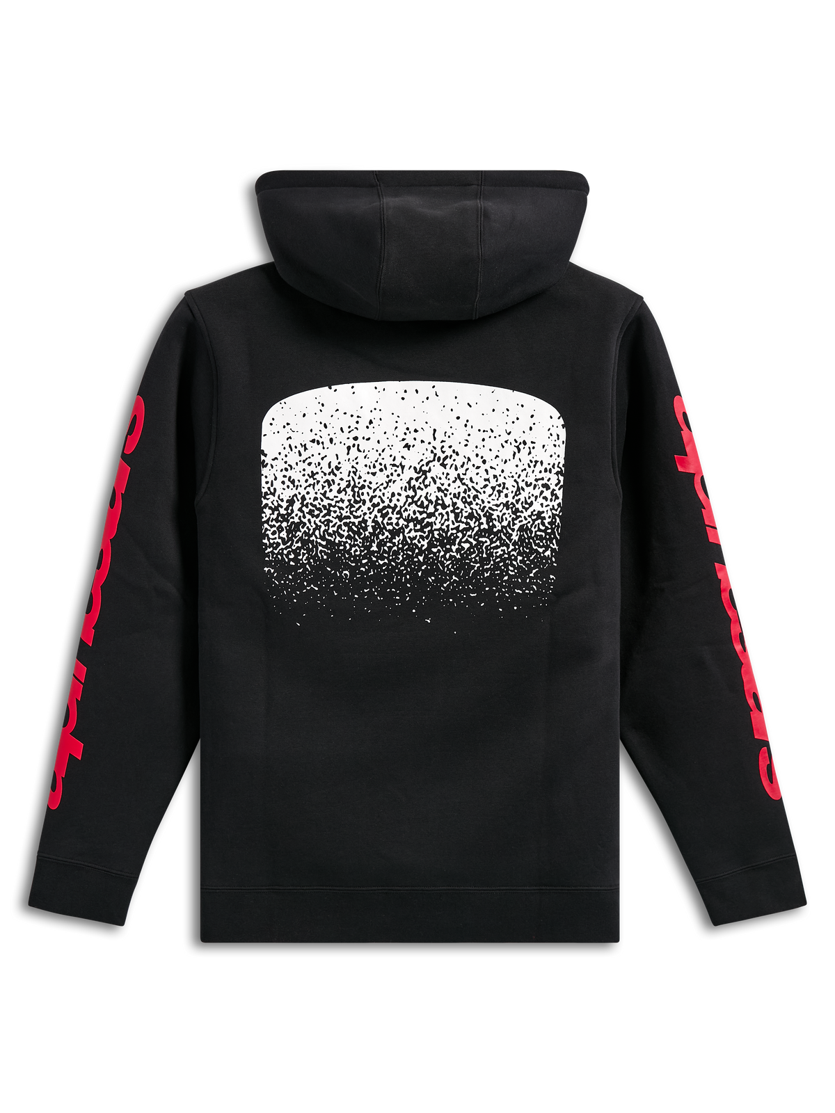 Alpinestars Obsessed Hoodie, schwarzer Fleece-Kapuzenpullover, Rückansicht, große weiße MX-Grafik mit Farbverlauf auf der Rückseite, rote Alpinestars-Schriftzüge auf den Ärmeln, lässige vom Motorsport inspirierte Streetwear