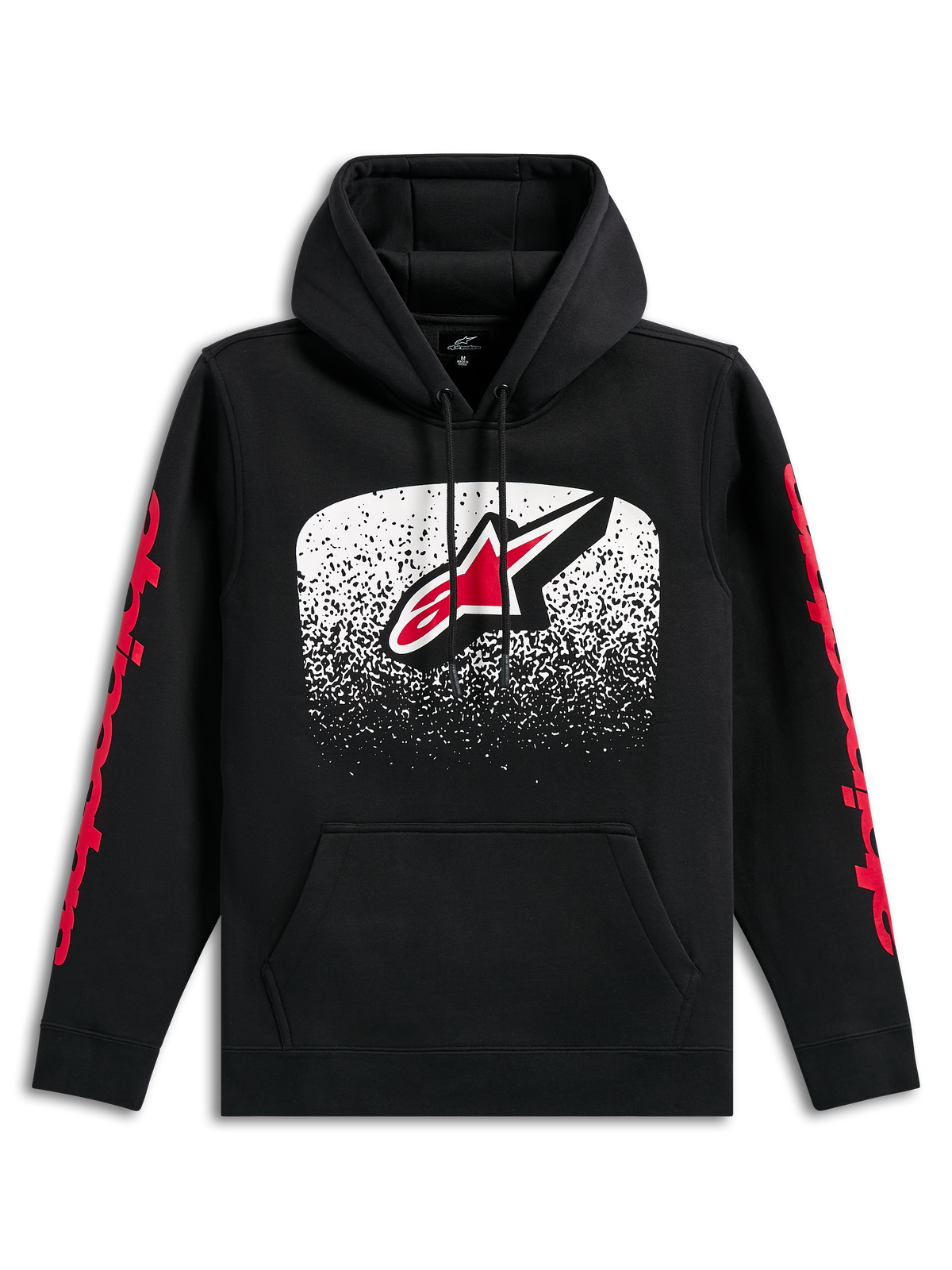 Alpinestars Obsessed Kapuzenpullover, schwarzer Hoodie, großes Astars-Logo auf der Vorderseite mit weißem und rotem MX-Farbverlauf, rote Alpinestars-Schriftzüge auf den Ärmeln, Kapuze mit Kordelzug und Kängurutasche, lässige Motorsport-inspirierte Streetwear