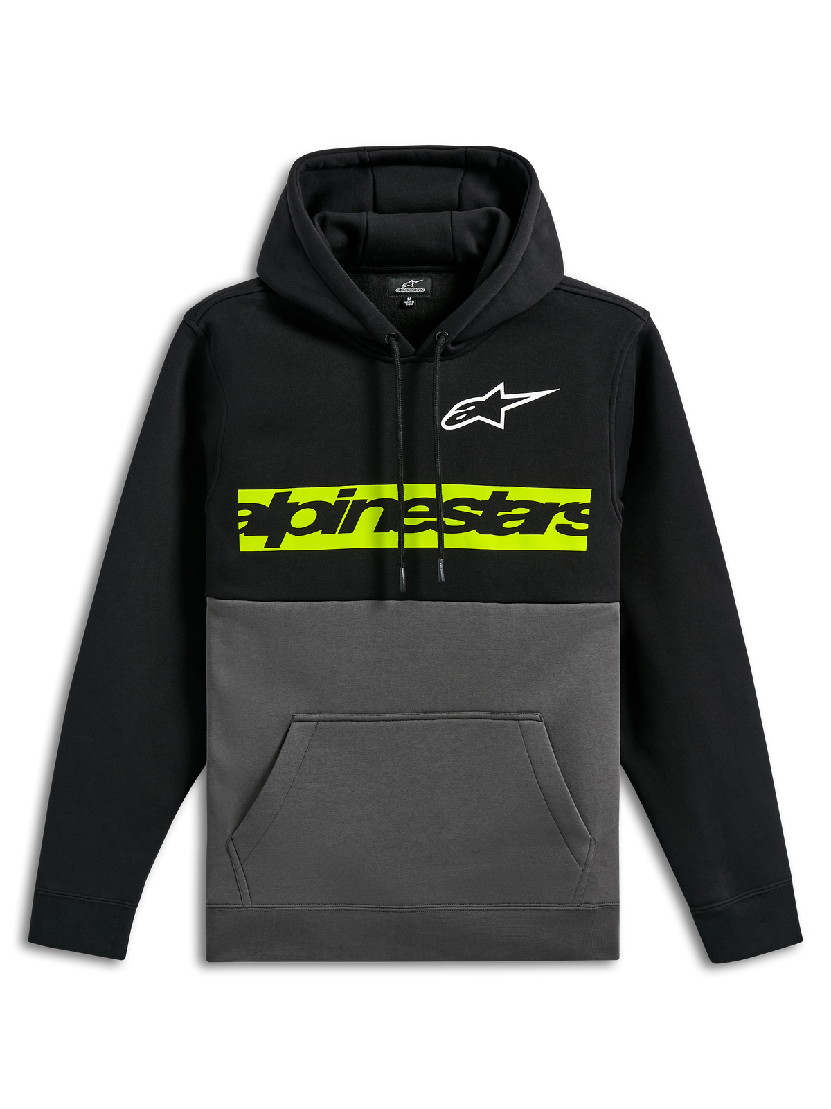 Alpinestars Parallel Hoodie, lässiger Fleece-Kapuzenpullover im Color-Block-Design, schwarzes Oberteil und Ärmel mit gunmetal-grauem Unterteil, weißes Astars-Logo auf der Brust, leuchtend gelb-grüner horizontaler Balken mit schwarzem Alpinestars-Wortlogo, Kapuze mit Kordelzug und Kängurutasche vorne