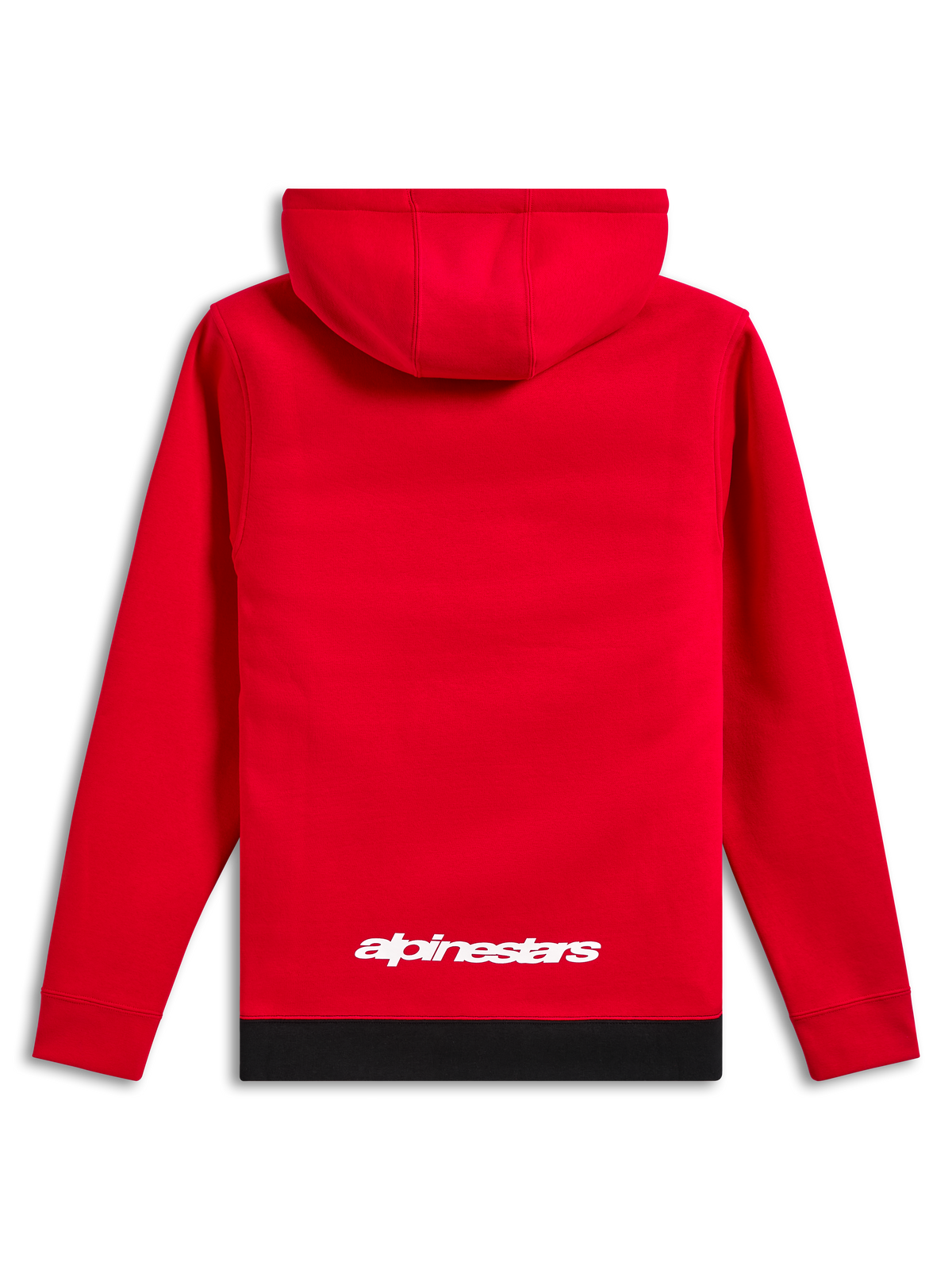 Alpinestars Parallel Kapuzenpullover, lässige Streetwear, Rot mit schwarzem Rippsaum, weißes Alpinestars-Logo auf dem unteren Rücken, Kapuzenpullover-Design, Rückansicht