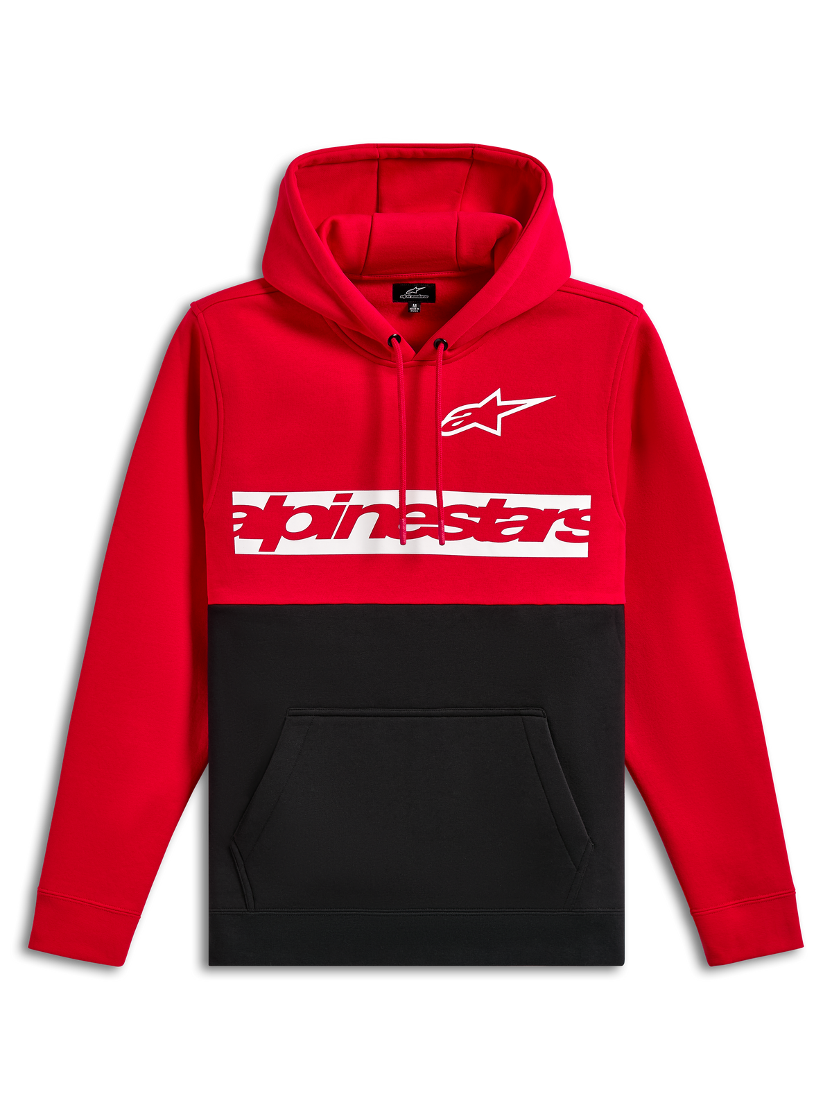 Alpinestars Parallel Hoodie, Fleece-Kapuzenpullover, rot-schwarzes Color-Block-Design, weißes Astars-Logo und rotes Alpinestars-Wortlogo auf einem weißen Brustbalken, Kapuze mit Kordelzug, Kängurutasche, lässige Motorsport-Streetwear
