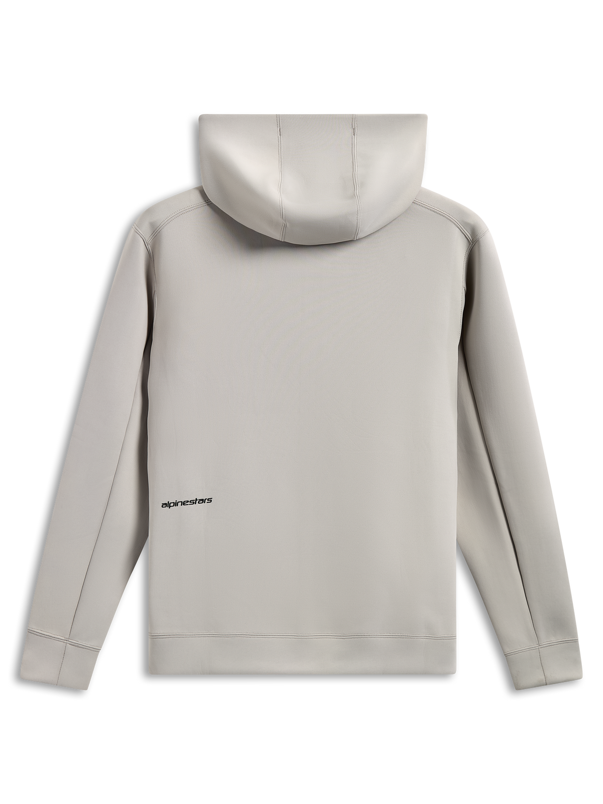 Alpinestars Cypher Hoodie, back view, cement gray, tri-blend double face fleece, small black word logo on the lower back, mesh-lined hood, casual motorsport-inspired streetwear