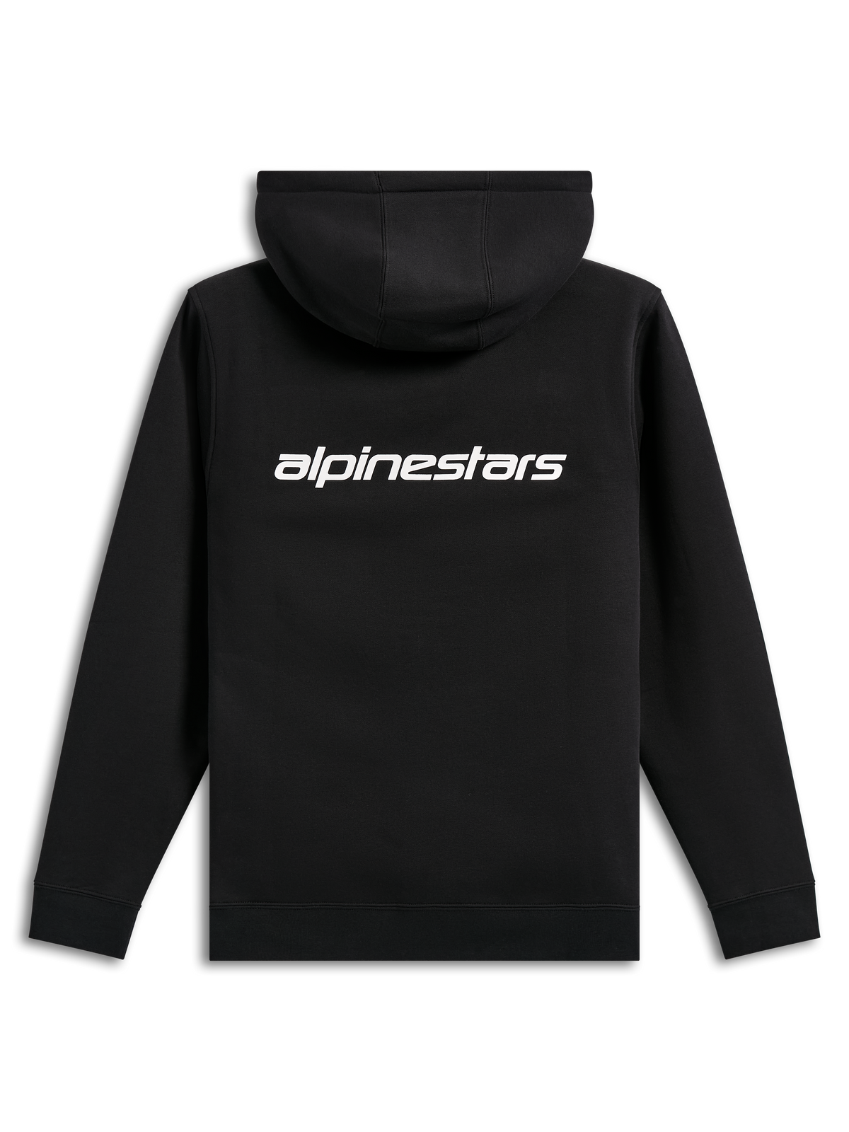 Alpinestars Transverse Hoodie, lässige Streetwear, Schwarz mit weißem Alpinestars-Wortlogo auf der Rückseite, Kapuzenfleece, Rippbündchen und Saum, modernes, vom Motorsport inspiriertes Design