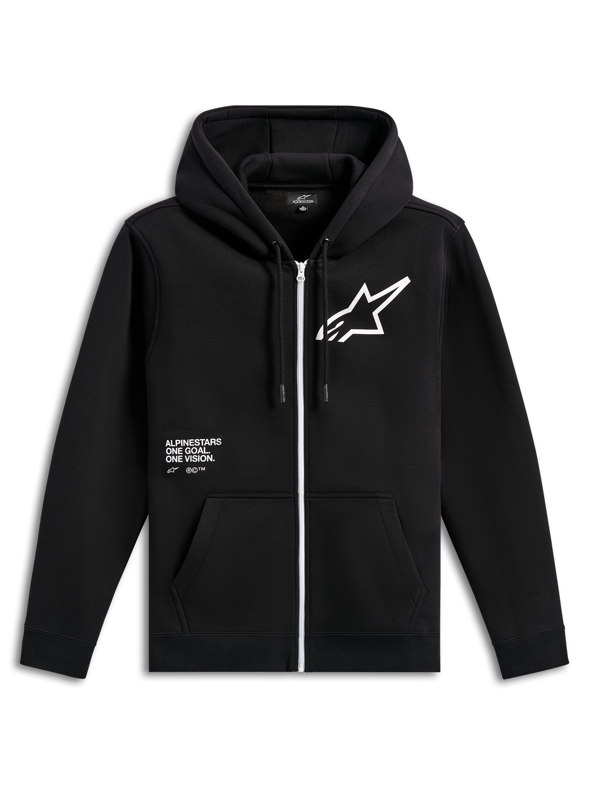 Alpinestars Transverse Hoodie, schwarzer Fleece-Hoodie mit Frontreißverschluss, weißer Reißverschluss, großes weißes Astars-Logo auf der Brust, „One Goal, One Vision“-Grafik, Kapuze mit Kordelzug und Rippbündchen, lässige Motorsport-Streetwear