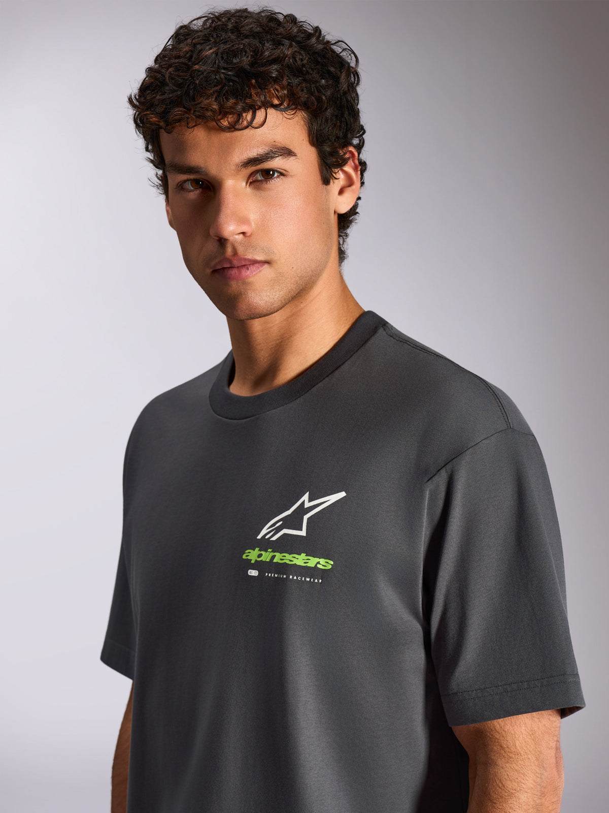 Alpinestars Overhang Oversized CSF Tee, Short Sleeve T-Shirt, Charcoal Gray, Front White Star and Green Logo, Casual Motorsport-Inspired Sportswear