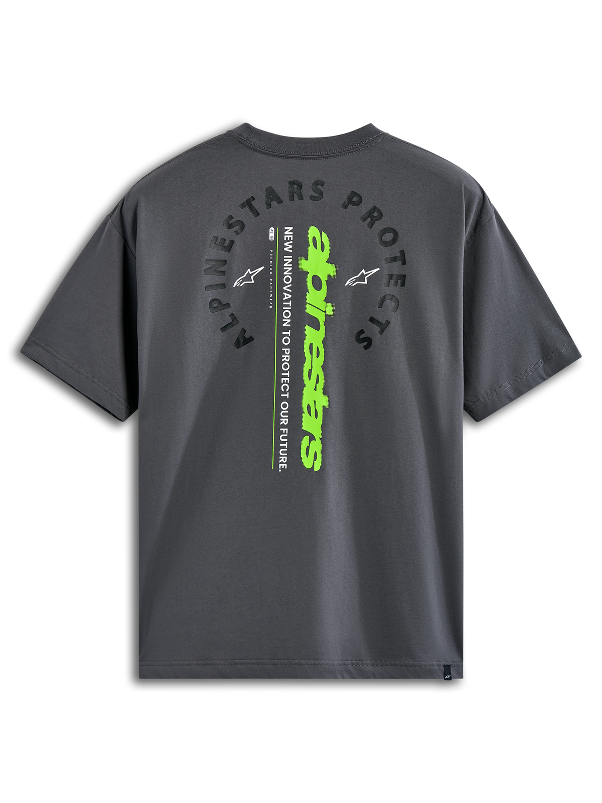 Alpinestars Overhang Oversized CSF Tee, Short Sleeve T-Shirt, Charcoal, Back view featuring arched 'Alpinestars Protects' text and a vertical lime green wordmark, casual motorsport-inspired streetwear