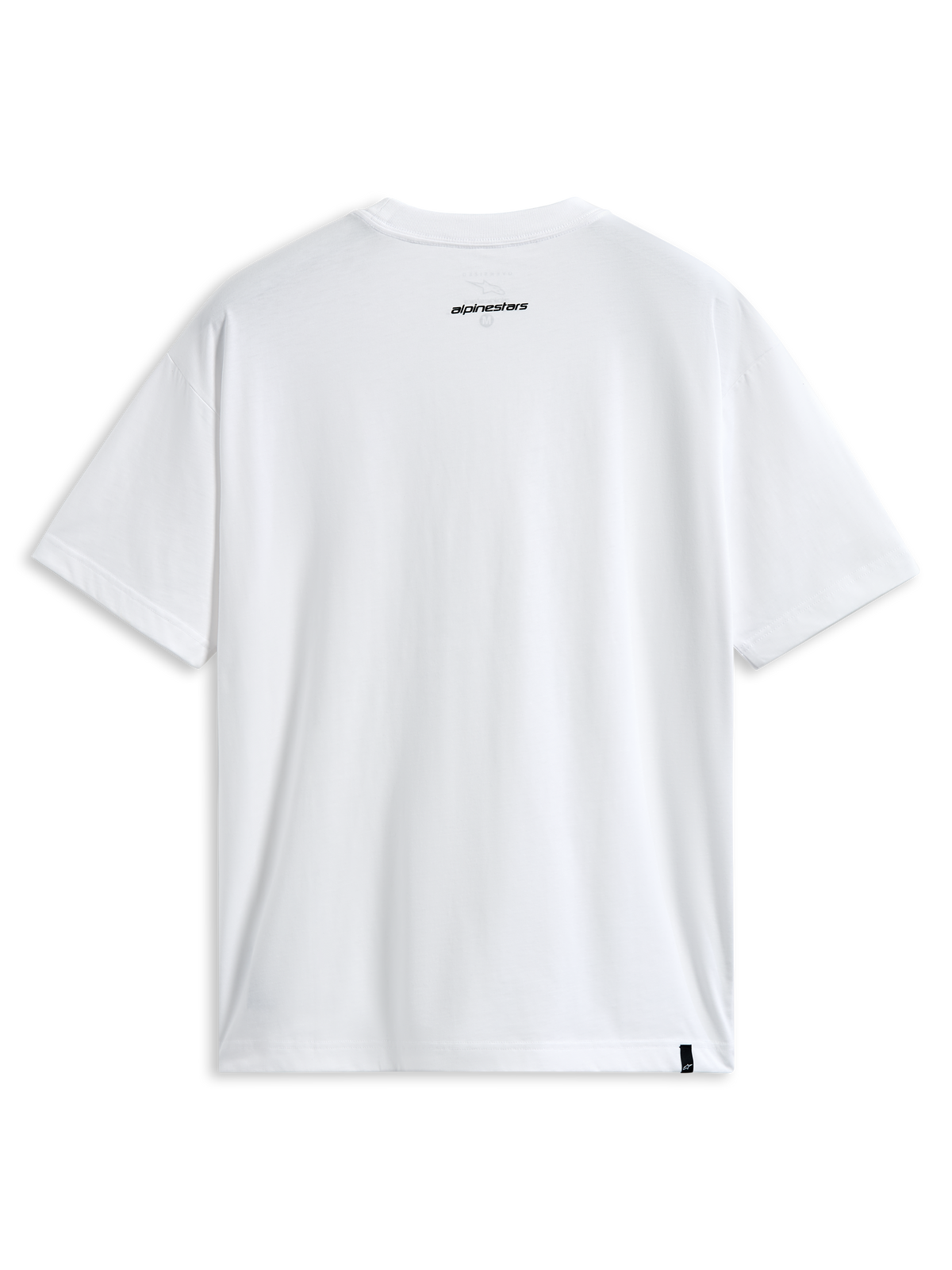 Alpinestars Focused Oversized CSF Tee, Kurzarm-T-Shirt, Weiß, Rückansicht mit kleinem schwarzem Alpinestars Wort-Logo im Nacken und externem Etikett am Saum, lässige Motorsport-Streetwear