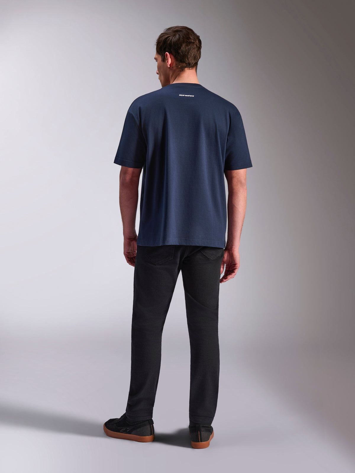 Alpinestars Focused Oversized CSF Tee, Short Sleeve T-Shirt, Navy, back view featuring small white Alpinestars word logo on upper back, relaxed oversized silhouette, casual motorsport-inspired streetwear