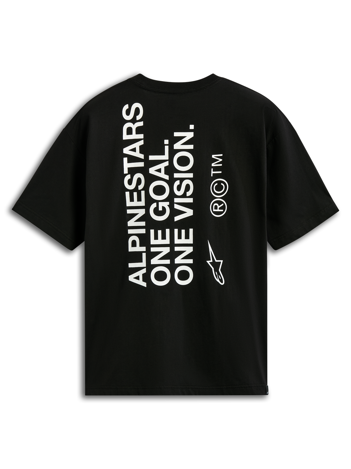 Alpinestars One Oversized CSF Tee, Kurzarm-T-Shirt, Schwarz, Rückansicht mit vertikalem weißen „ALPINESTARS ONE GOAL. ONE VISION.“ Schriftzug und Astars-Logo, lässige Motorsport-Streetwear