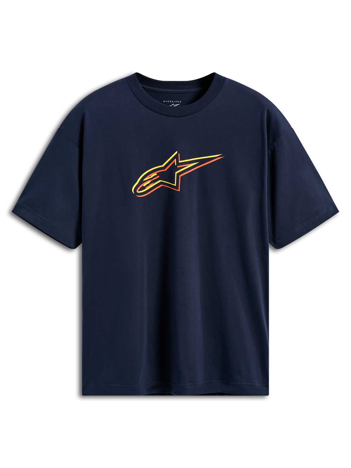 Alpinestars Alter Oversized CSF Tee, Kurzarm-T-Shirt, Navyblau, Astars-Logo mit gelben, orangen und roten Farbumrissen, lässige Motorsport-Streetwear