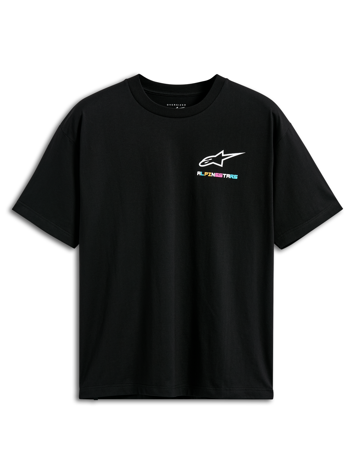 Alpinestars Wild Oversized CSF Tee, Short Sleeve T-Shirt, Black, featuring a small vibrant multi-colored Alpinestars logo on the chest, oversized fit, casual streetwear