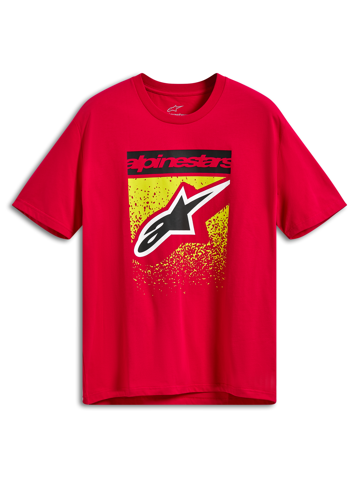 Alpinestars Noka CSF Tee, kurzärmeliges T-Shirt, Rot, Frontgrafik mit schwarzem Alpinestars-Textbalken und großem Astars-Logo über gelb-rotem MX-Farbverlauf-Splatter, Freizeit-Motorsportbekleidung