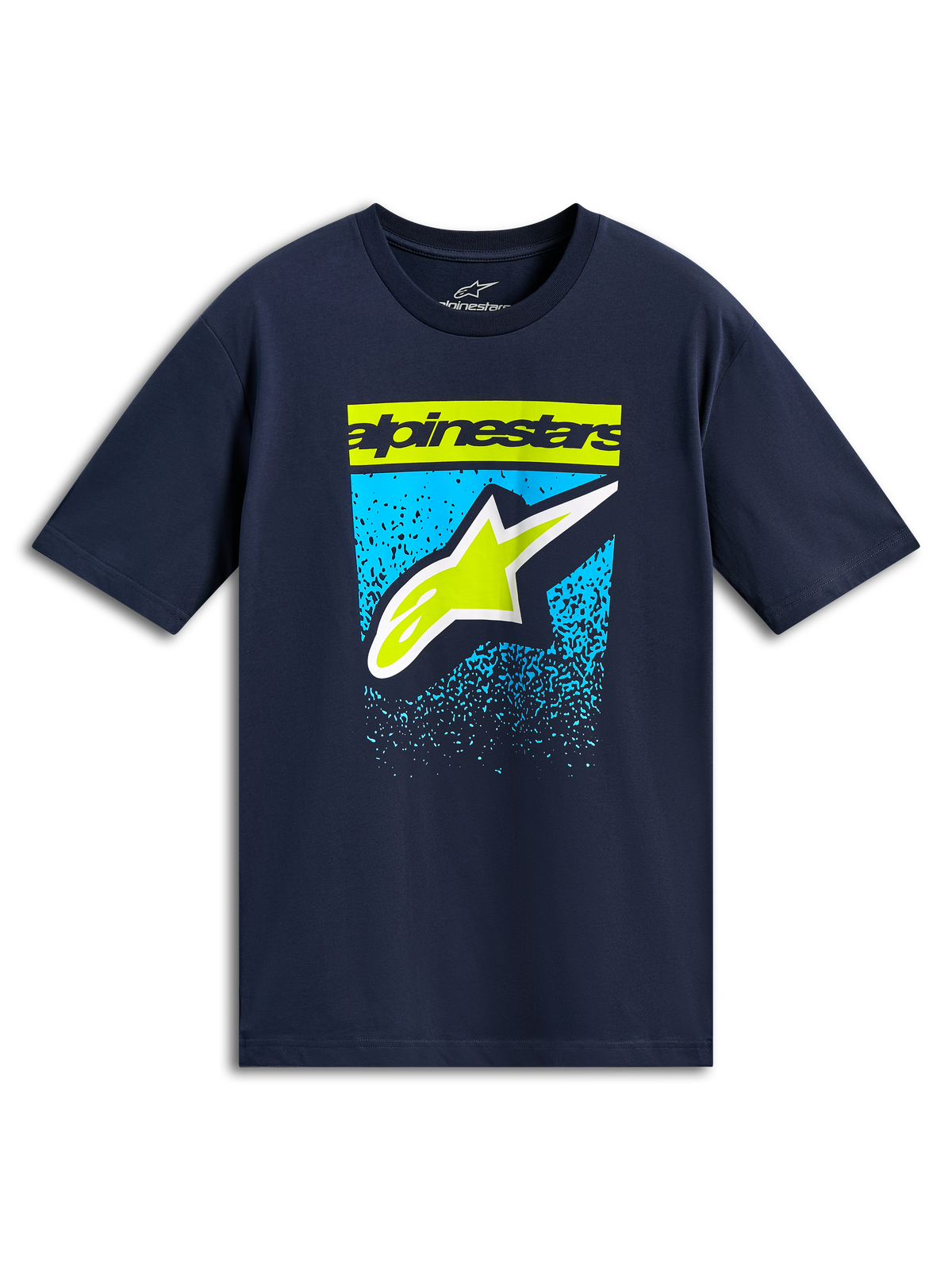 Alpinestars Noka CSF Tee, kurzärmeliges T-Shirt, Navyblau, limettengrüner Schriftzug und Astars-Logo mit blauer Grafik mit Farbverlauf, lässige Motorsport-Streetwear