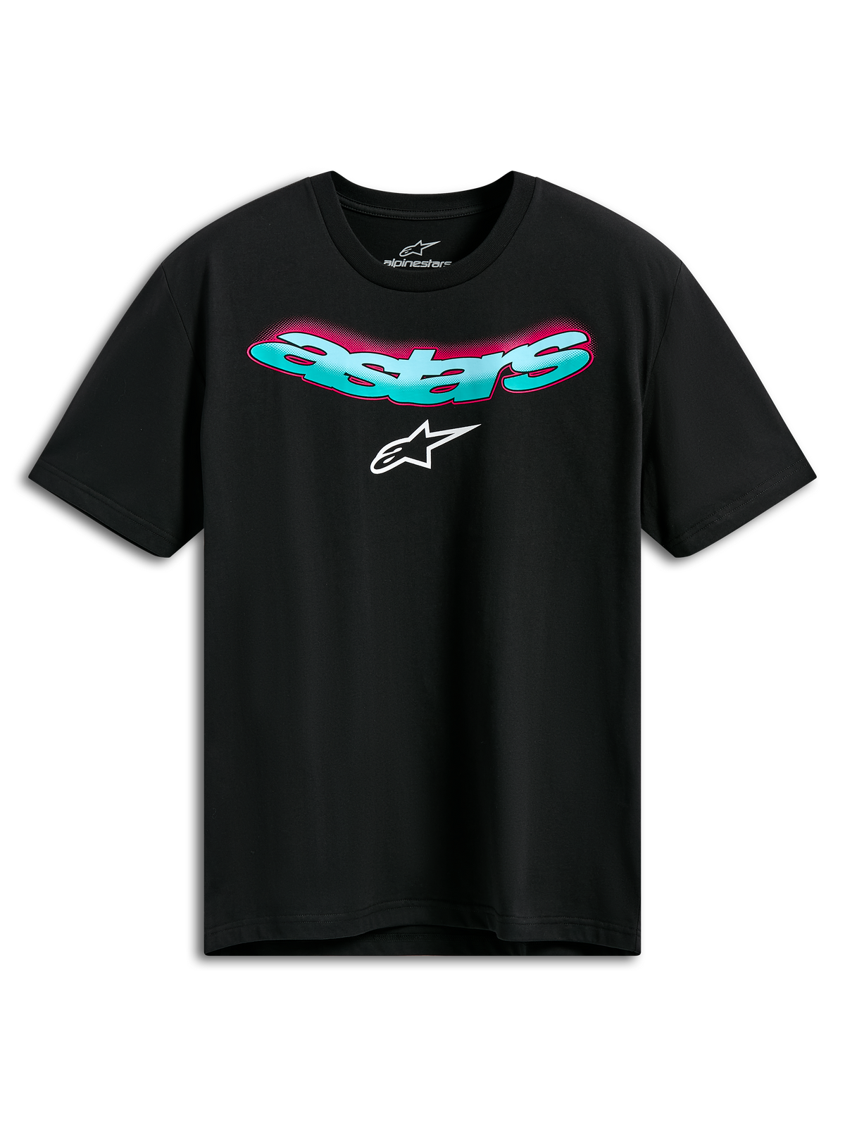 Alpinestars Ellipsoid CSF Tee, kurzärmeliges T-Shirt, Schwarz, gebogener türkisfarbener Astars-Schriftzug mit rosa Farbverlauf und weißem Logo, Casual Motorsport Sportswear