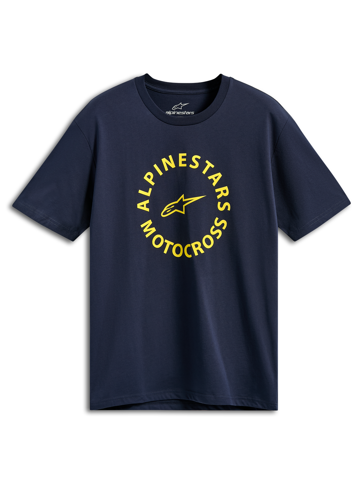 Alpinestars MX CSF Tee, Kurzarm-T-Shirt, Navy Blau, gelbe kreisförmige Alpinestars Motocross-Grafik, lässige Motorsport-Streetwear