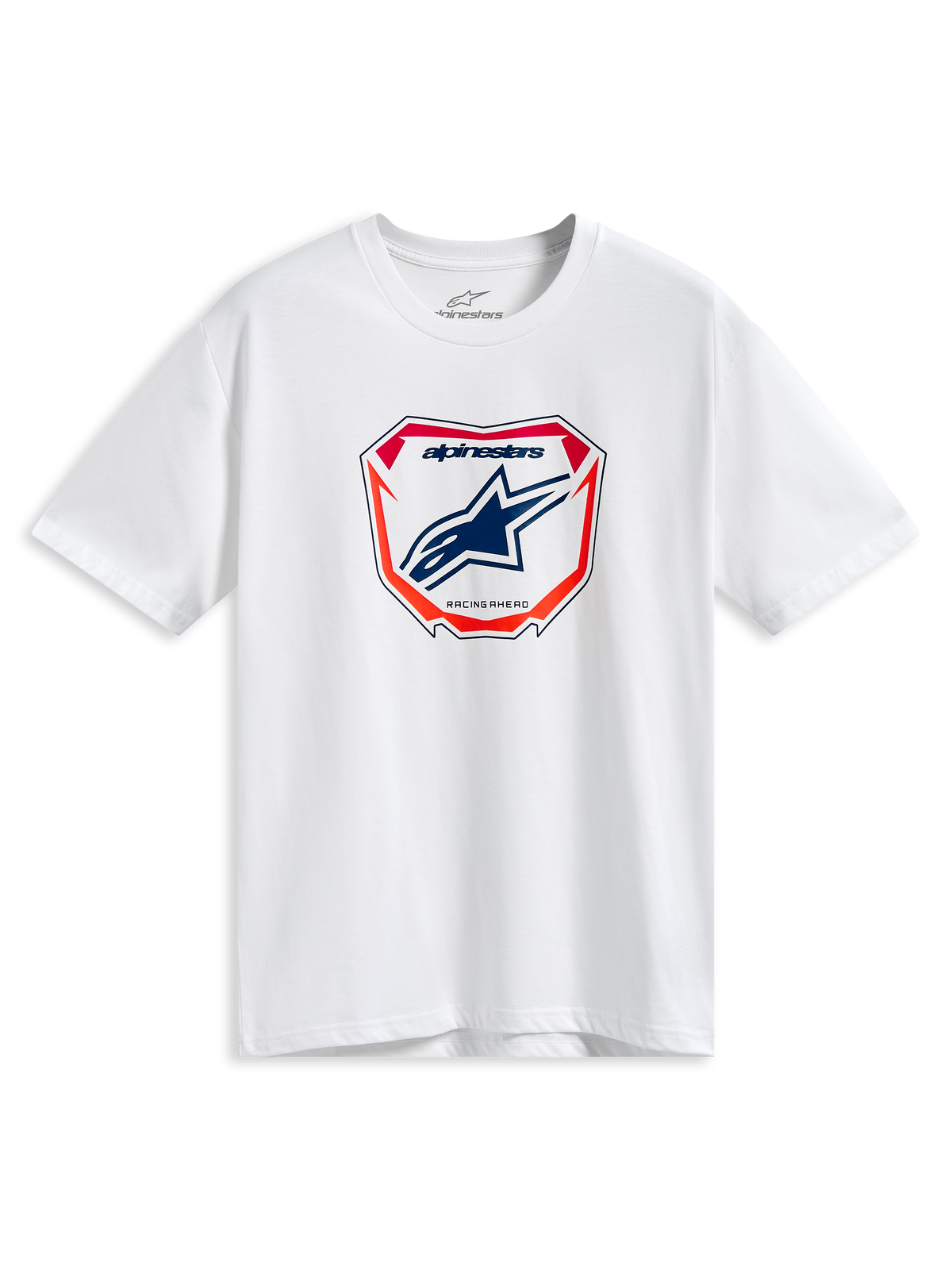 Alpinestars Plate CSF Tee, Short Sleeve T-Shirt, White, Central MX Plate Graphic with Blue Astars Logo and Red and Orange Accents, Casual Motorsport Streetwear